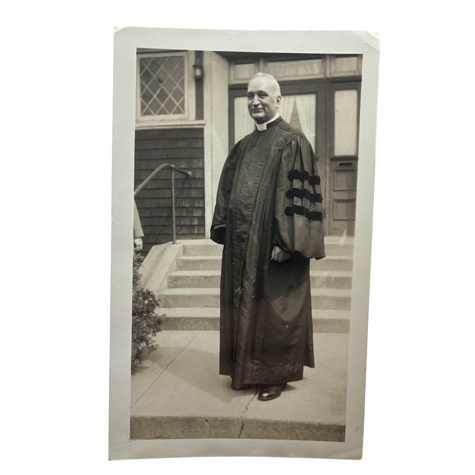 Vintage 1925-49 Clergyman Church Steps Snapshot Photo 3x4.75 B&W Gelatin Orig