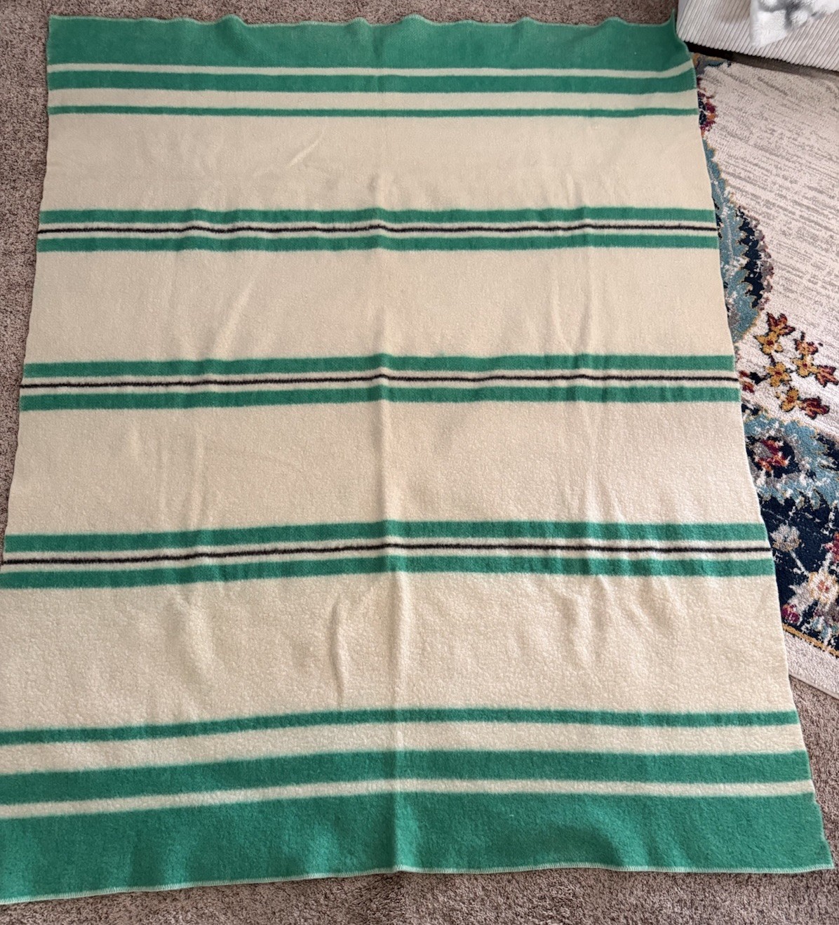 VTG Warmbilt Minnesota Woolen Virgin Wool Lodge Blanket Green Black Stripe 76x86