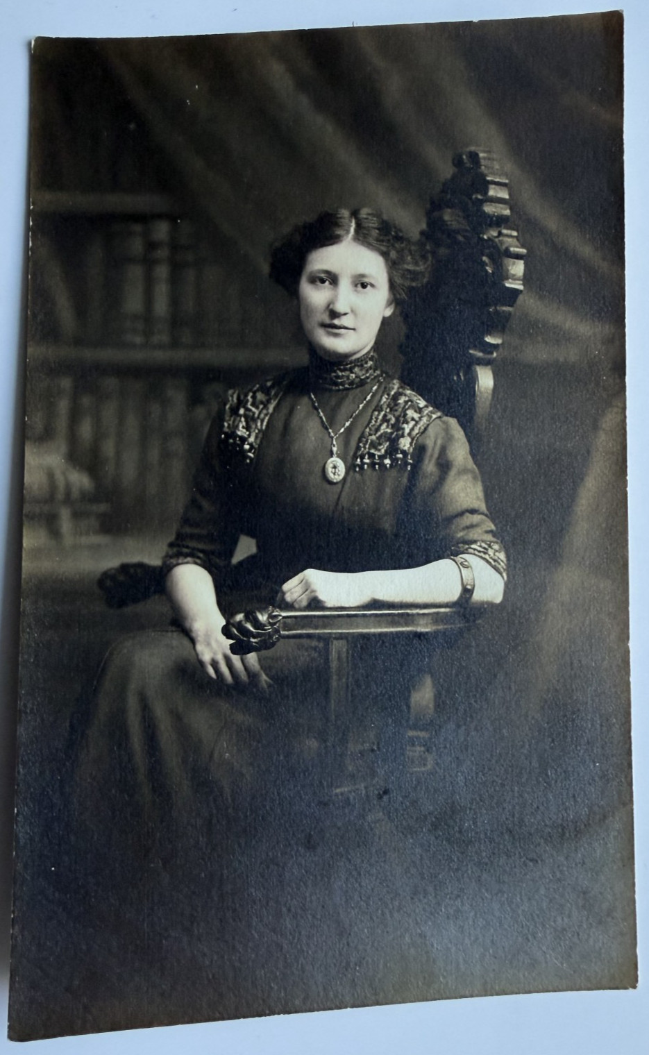 c1900s RPPC Edwardian Pretty Woman in Ornate Chair Tall Studio Portrait Postcard