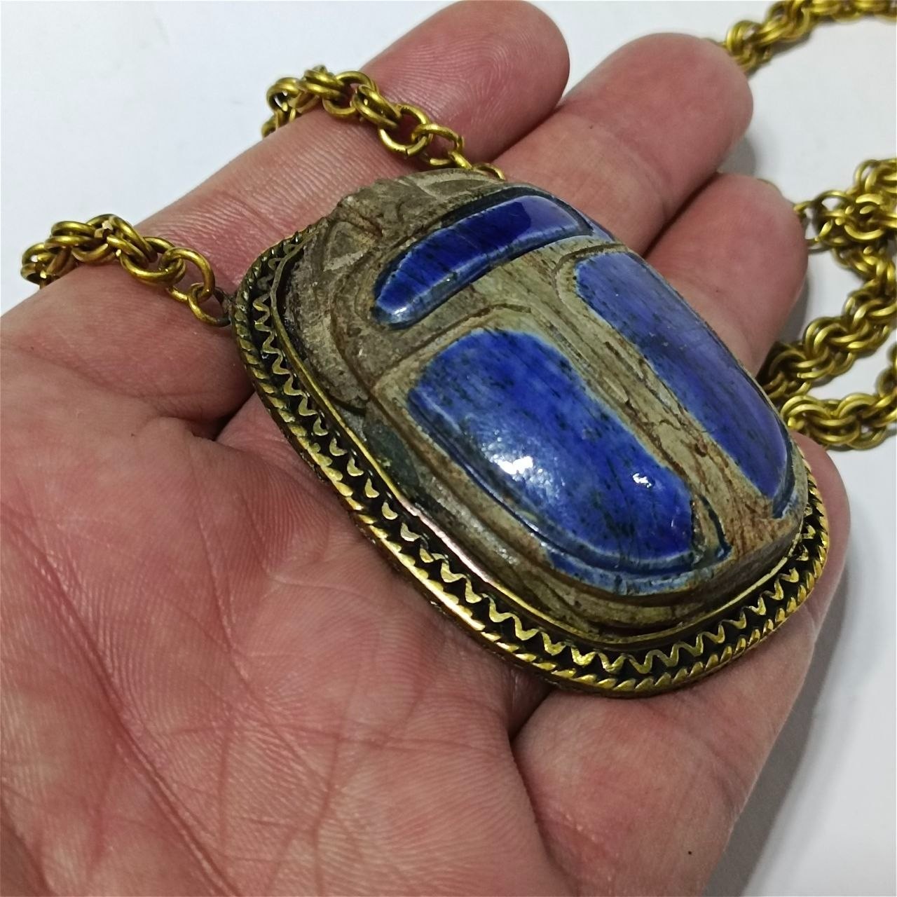 Ancient Egyptian Blue Scarab Copper Necklace, Vintage Style Handmade Jewelry