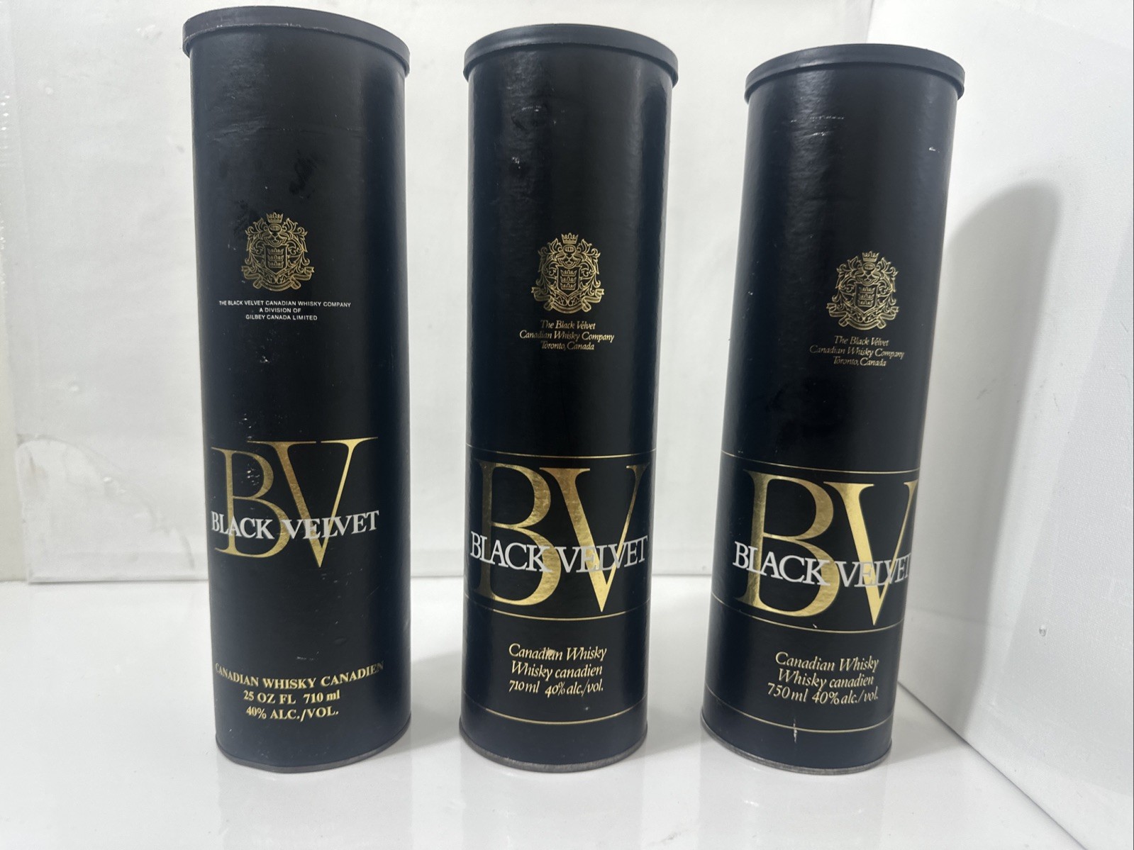 3 Vtg 1970s Black Velvet Canadian Whisky Canister Cardboard Tube Bar Cave Lot