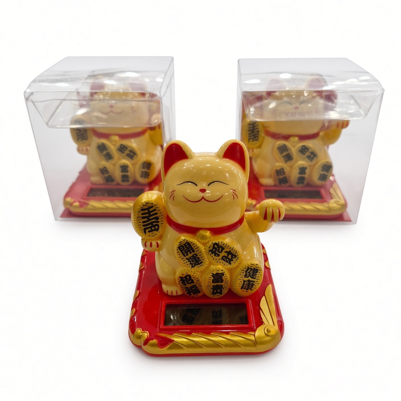 3 Solar Powered Lucky Cats Maneki Neko Gold Waving Fortune Cat Feng Shui Decor 