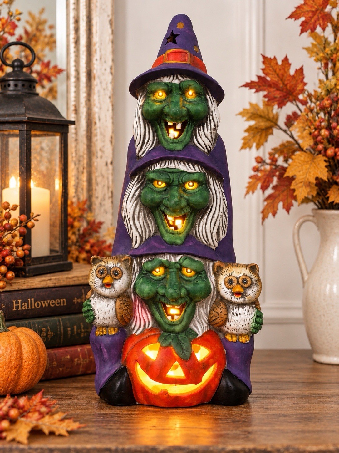 Vintage Halloween Witch Totem 3 Witches Owls Pumpkin 10.5” 1980s 1990s Decor
