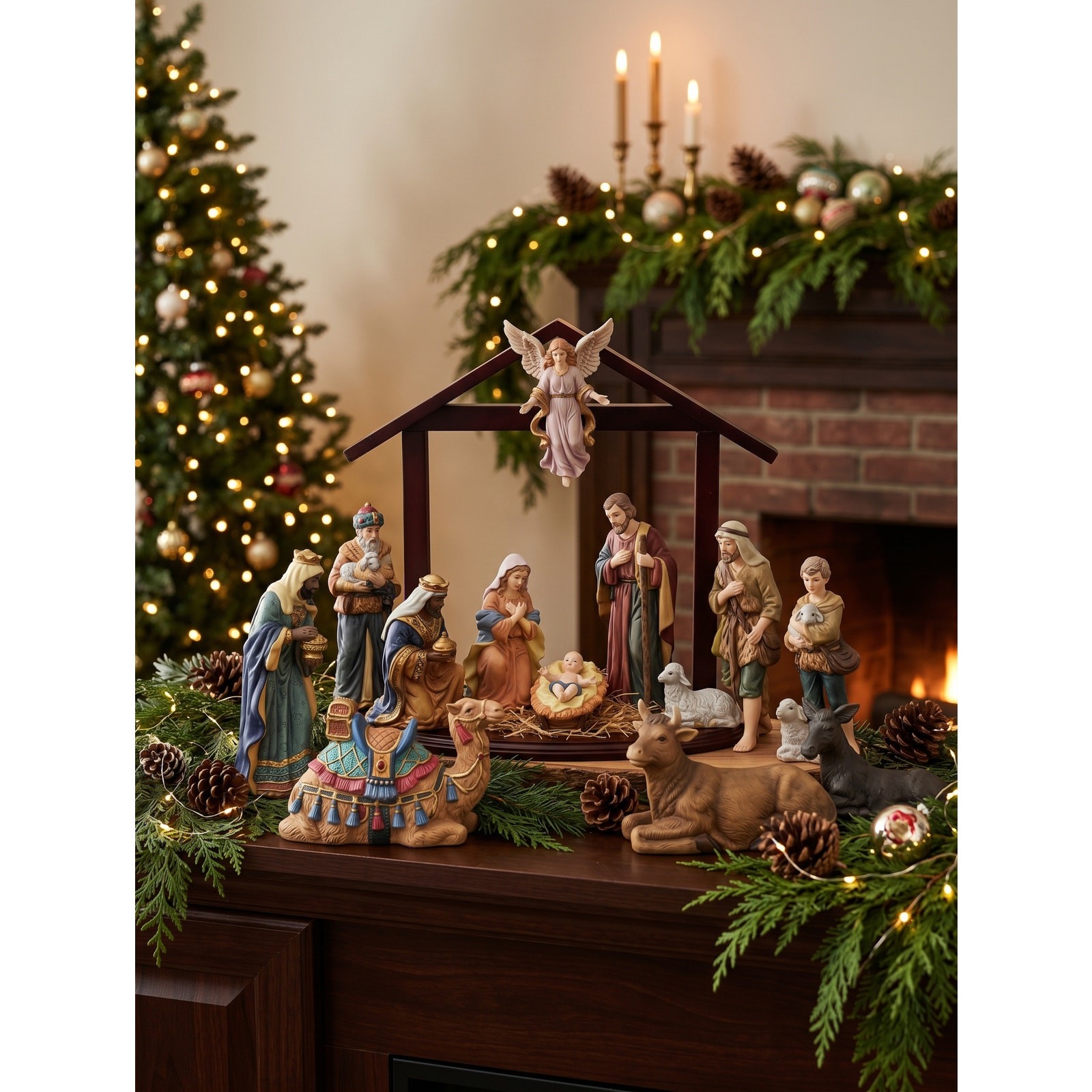 Vintage 1990s Kirkland Signature 13-Piece Nativity Set with Mahogany Wood Creche