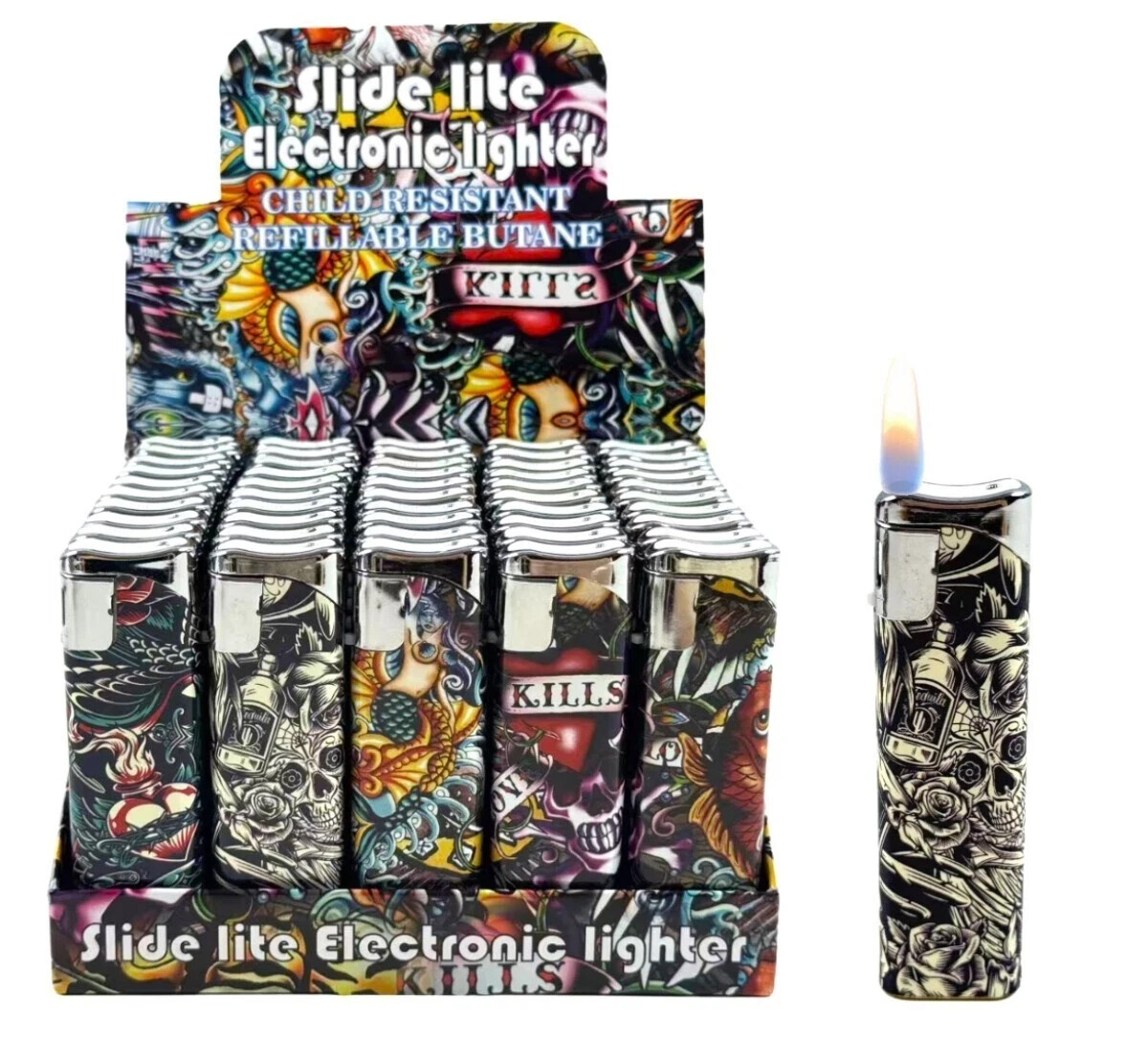 50 PACK Refillable Classic Cigarette Lighters Cool Tattoo Skull Fish - Wholesale