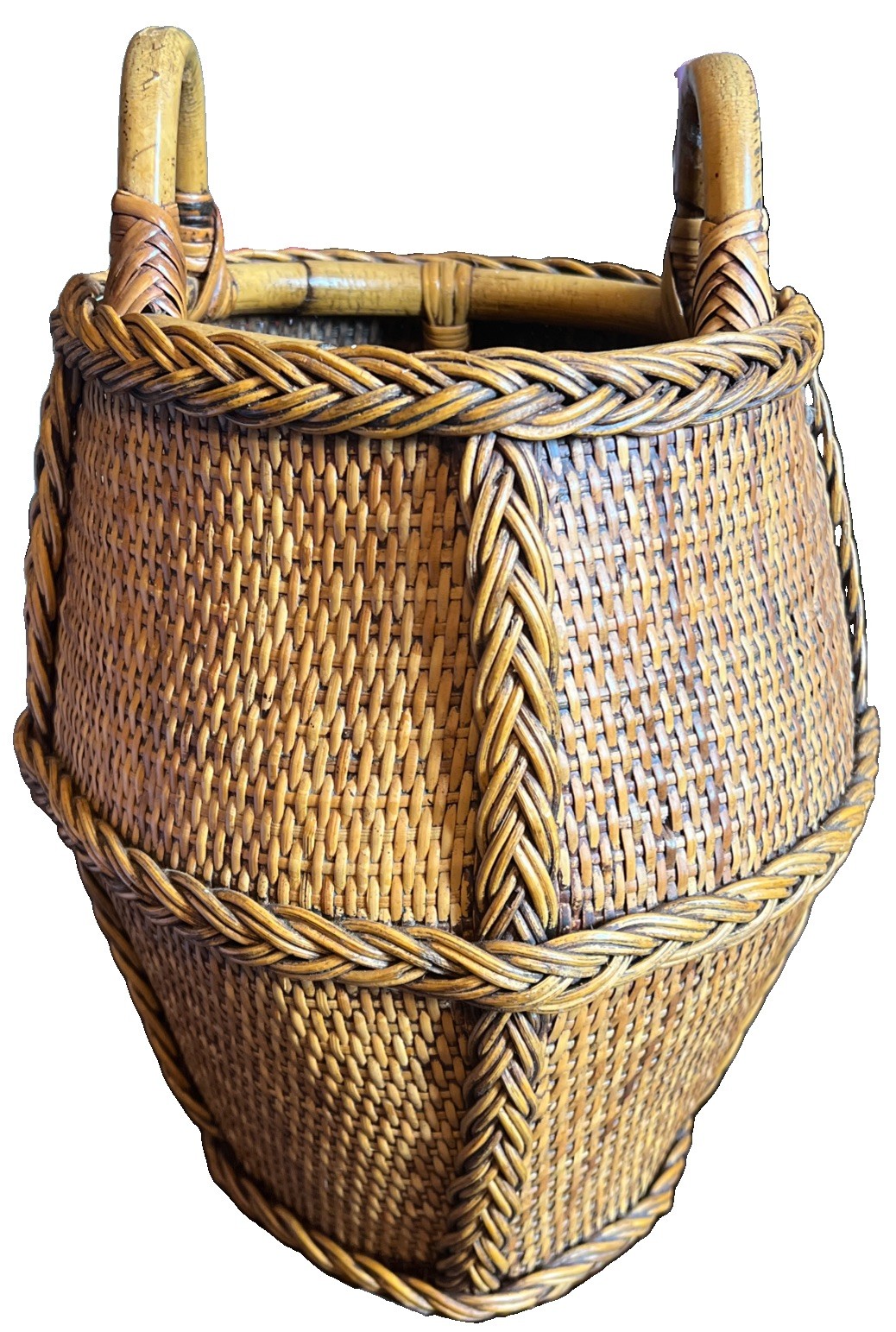 VTG Hand Woven Asian Rattan And Bamboo Harvest Basket Handles 