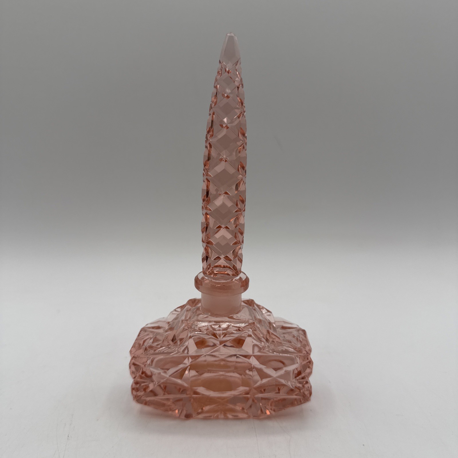 Vintage Irice Pink  Cut Glass Pyramid Perfume Bottle w Stopper 6 1/4” T
