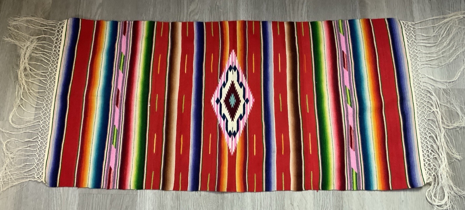 Vintage Mexican Serape Saltillo Rug/Blanket, Geometric & Stripe Design, Vivid