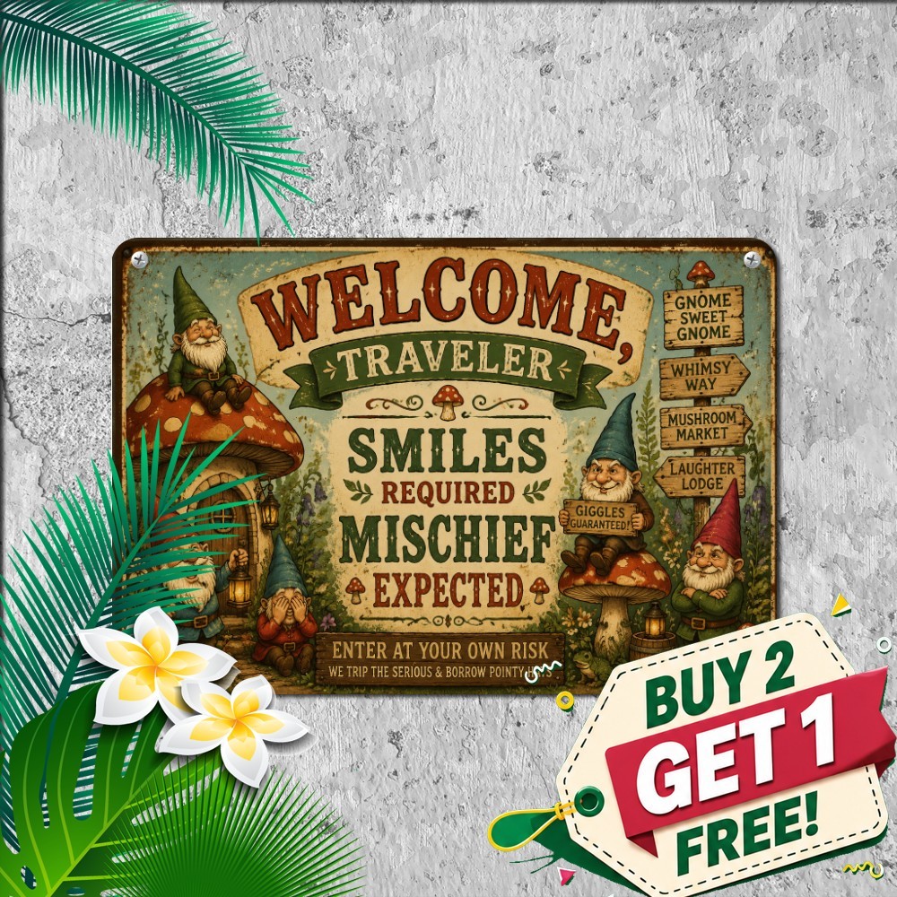 Humorous Garden Gnome Town Metal Plaque Funny Whimsical Yard Tin Sign