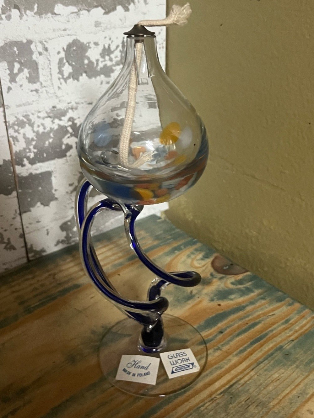 Vintage Jozefina Krosno handblown jellyfish oil lamp with a blue swirling base