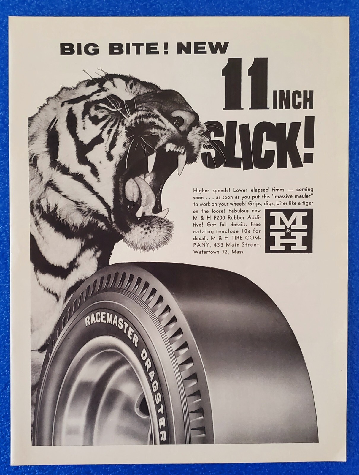 1962 Vintage M & H Racemaster Dragster Tire Ad Historic NHRA Drag Racing Legends