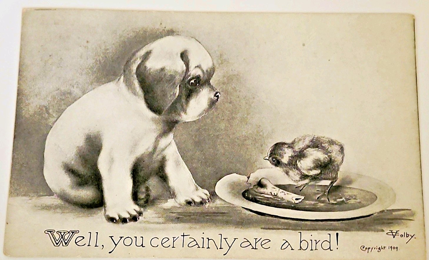 Antique 1909 Vincent Colby Dog Puppy Chick Postcard Unposted 1910 Comic Humor