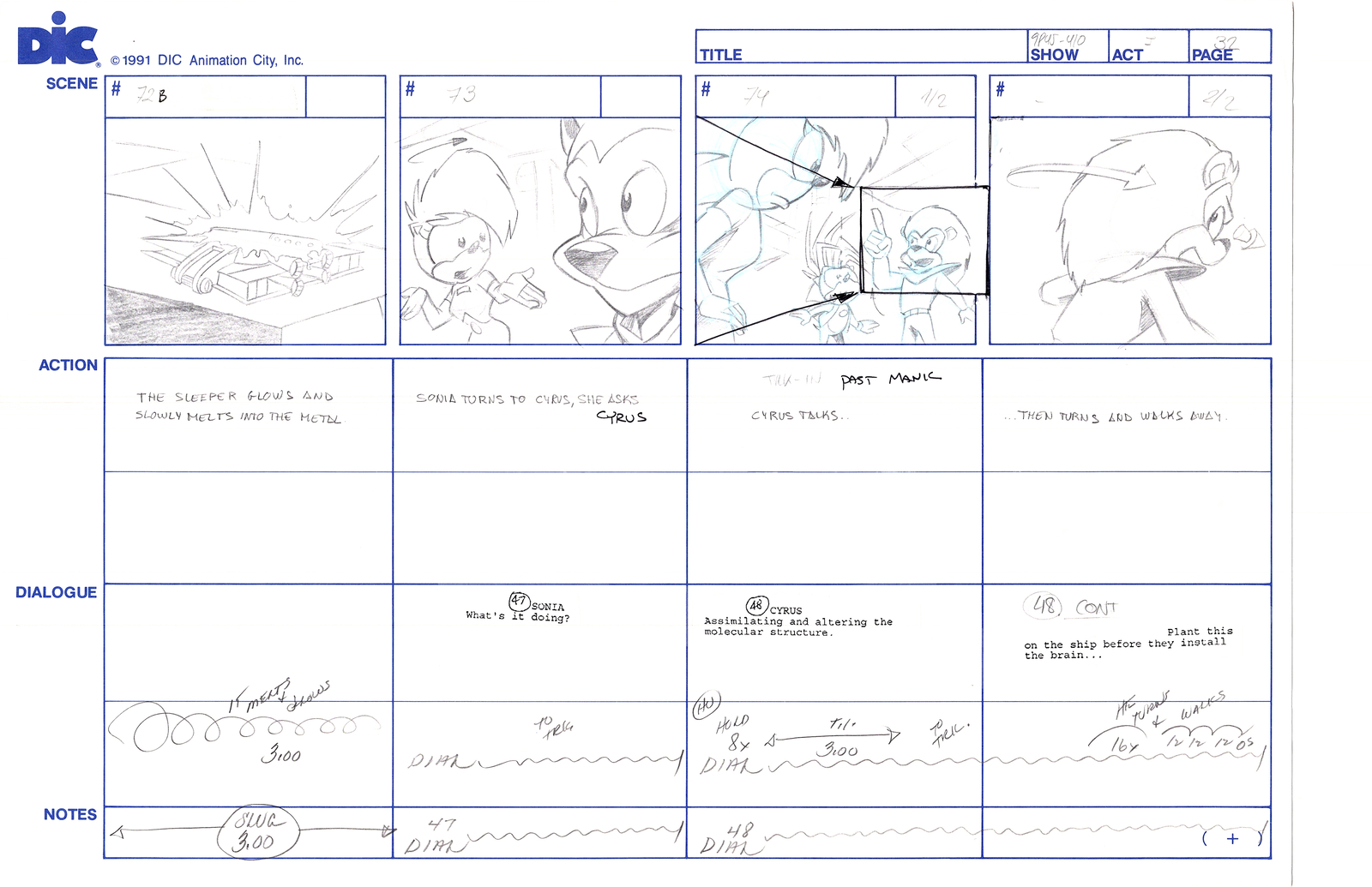 Sonic Underground Huge Hand-Drawn Production Storyboard 1999 from DIC Pg 32