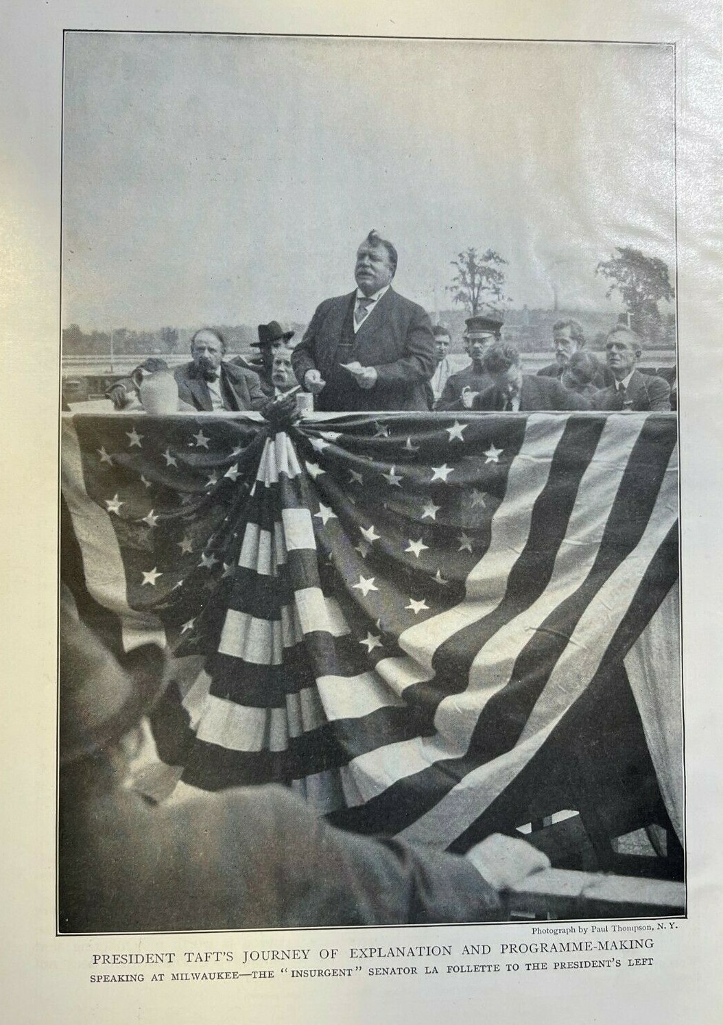1909 Vintage Magazine Illustration President William Taft Speaking At Milwaukee