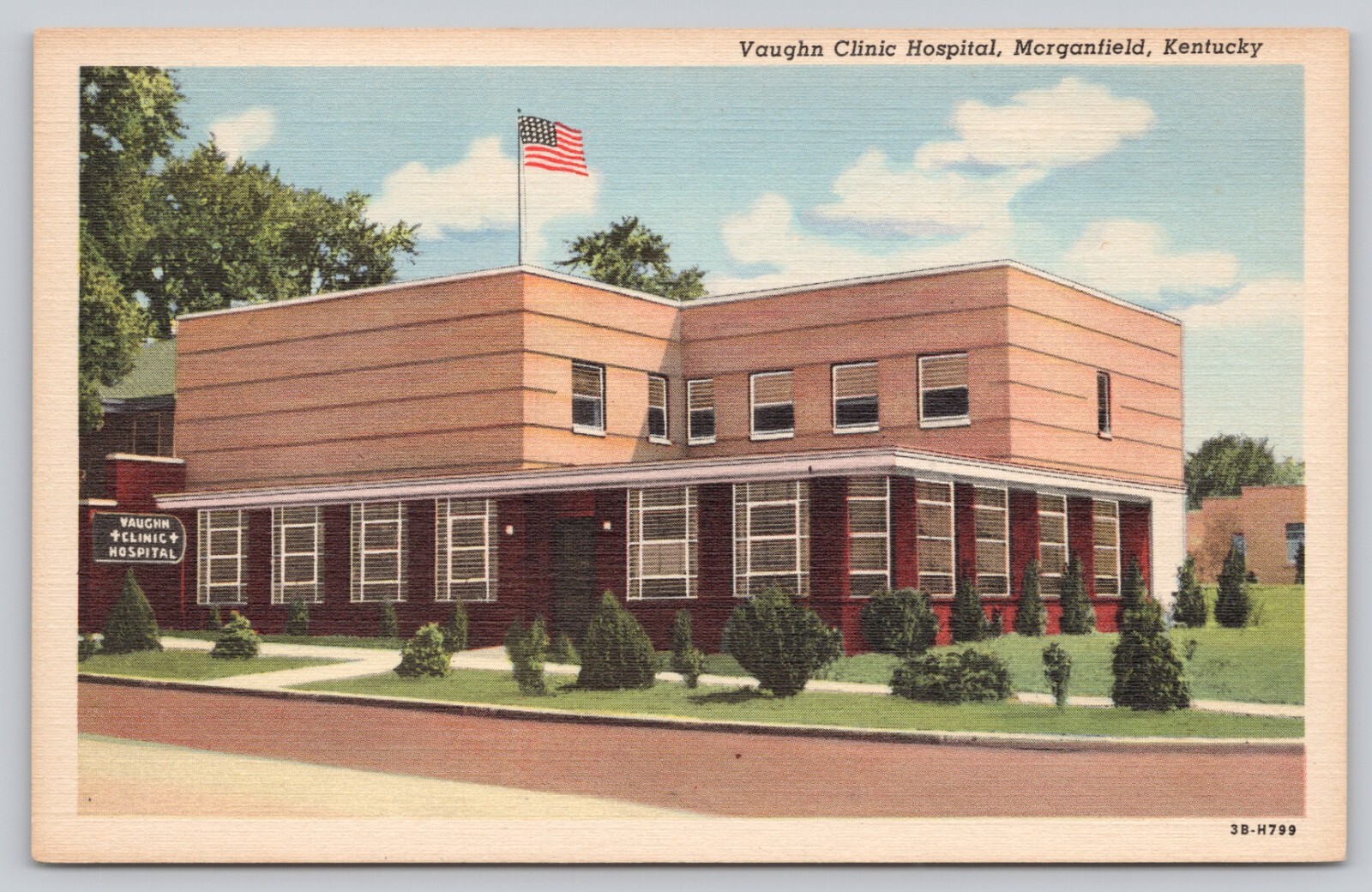 Postcard Morganfield Kentucky Vaughn Clinical Hospital with American Flag Atop Postcard Morganfield Kentucky Vaughn Clinical Hospital with American Flag Atop