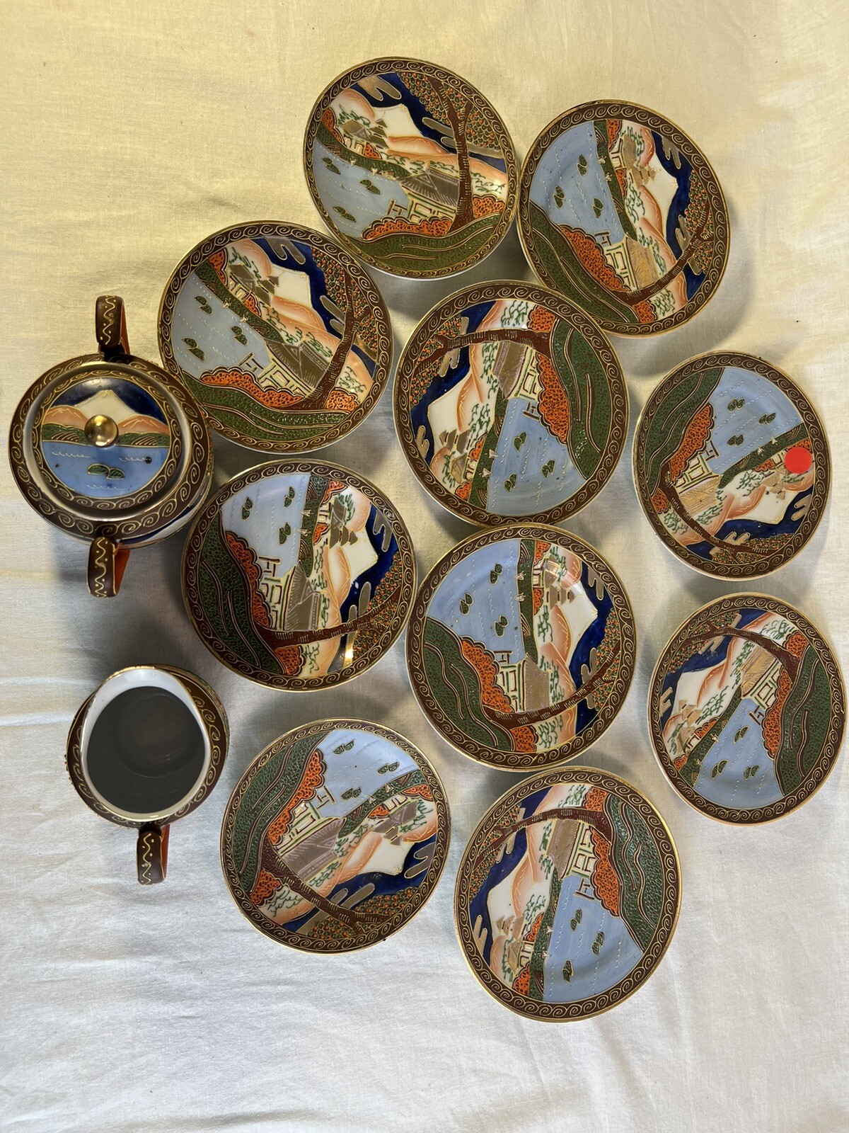 Antique 1920-40s Japanese Hand Painted SET 1 Pitcher 1 Storage 10 plates BIN E