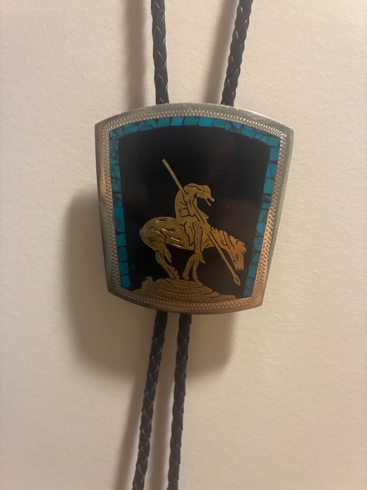 Vintage Johnson & Held End of Trail Handcrafted  Inlay Bolo Tie