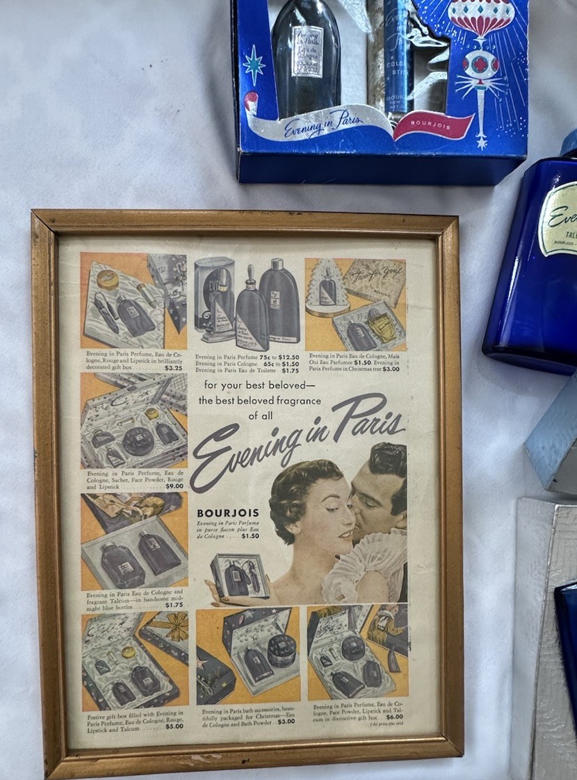 1940s Picture Ad Framed Bourjois Evening in Paris Perfume Cologne Cobalt 9x12”