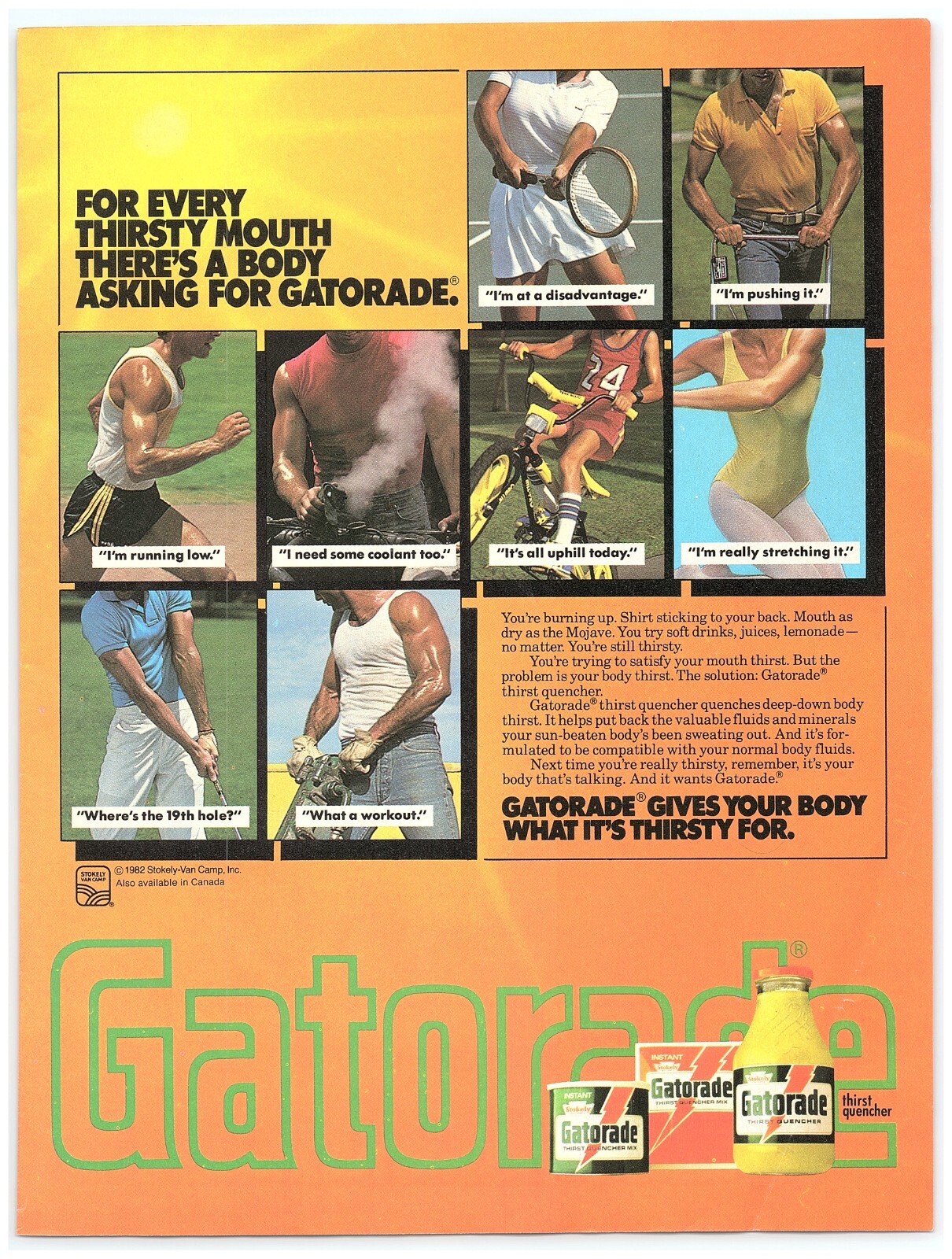PRINT AD, 1982 Gatorade Gives Your Body What It\'s Thirsty For Torsos No Faces