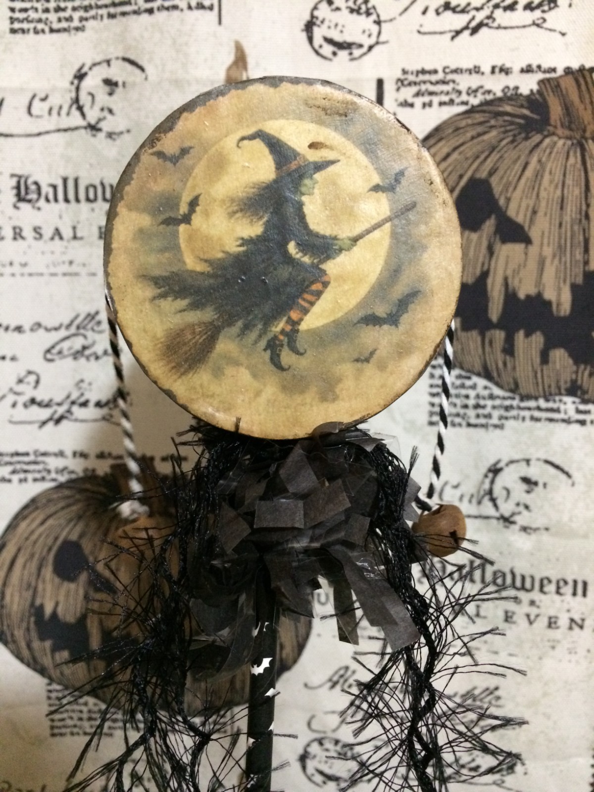 Handmade Vintage Style Halloween Noisemaker - Flying Witch on Broom & Raven