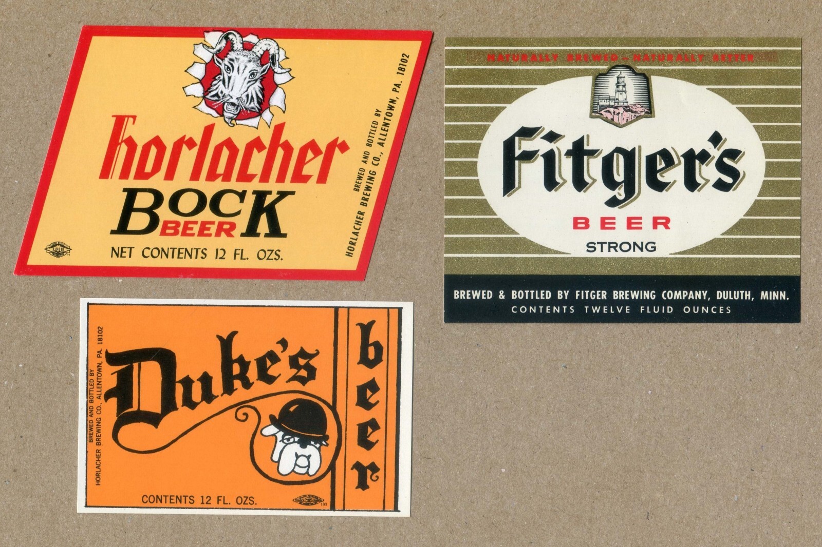 Lot of 3. HORLACHER BOCK, DUKE’S BEER & FITGER’S STRONG vintage USA, LABELS.