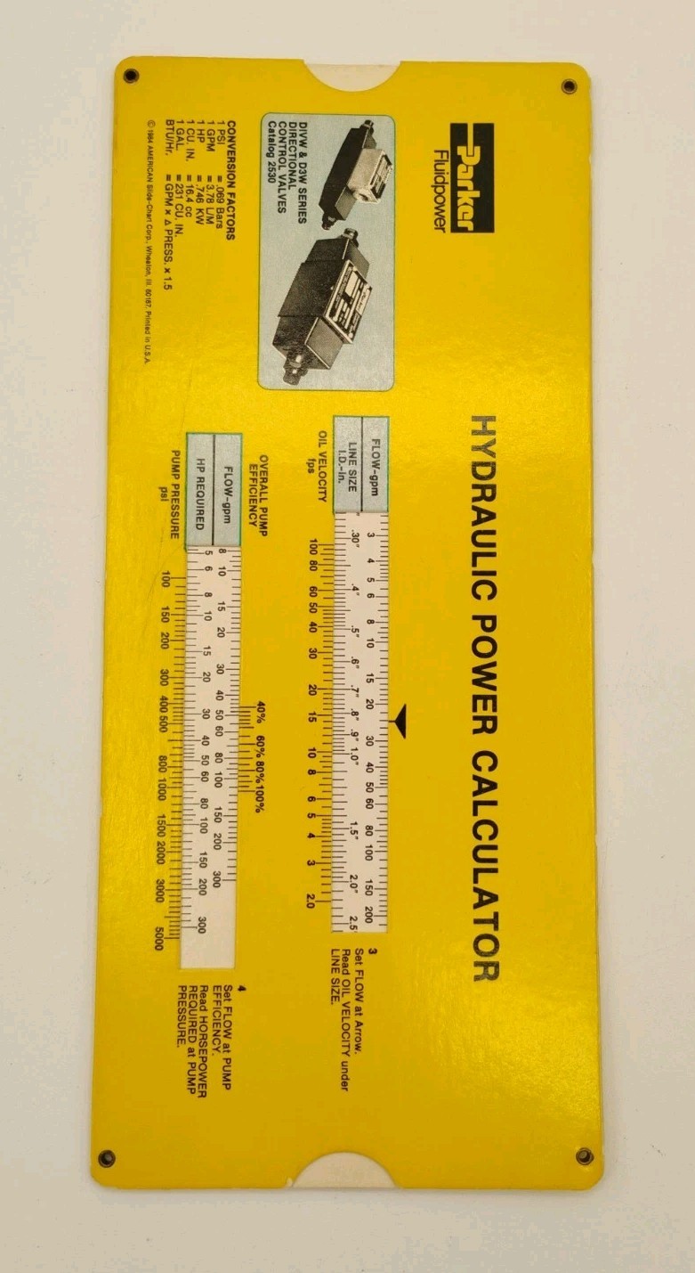 Vintage 1984 Parker Fluidpower Hydraulic Power Calculator, Slide Chart, Ruler