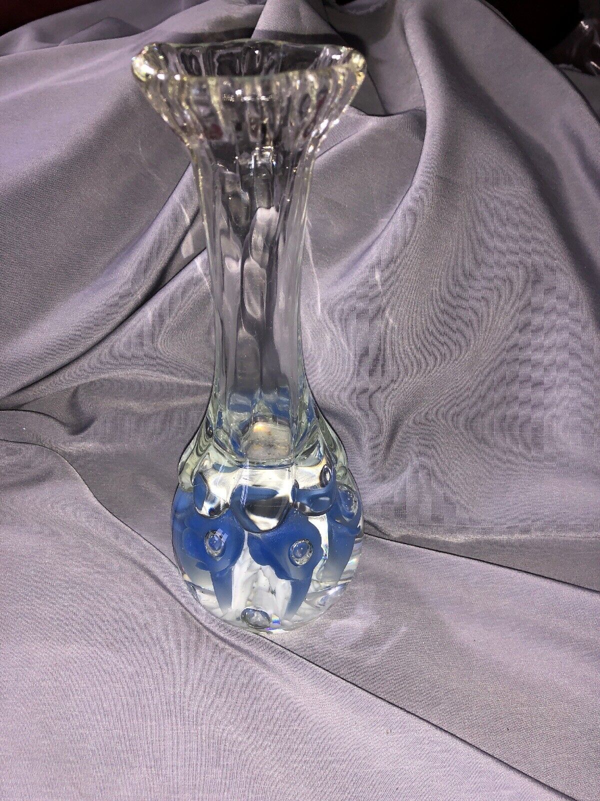 Joe Rice Glass Paperweight Vase Clear Blue with White Flowers 6 3/4\
