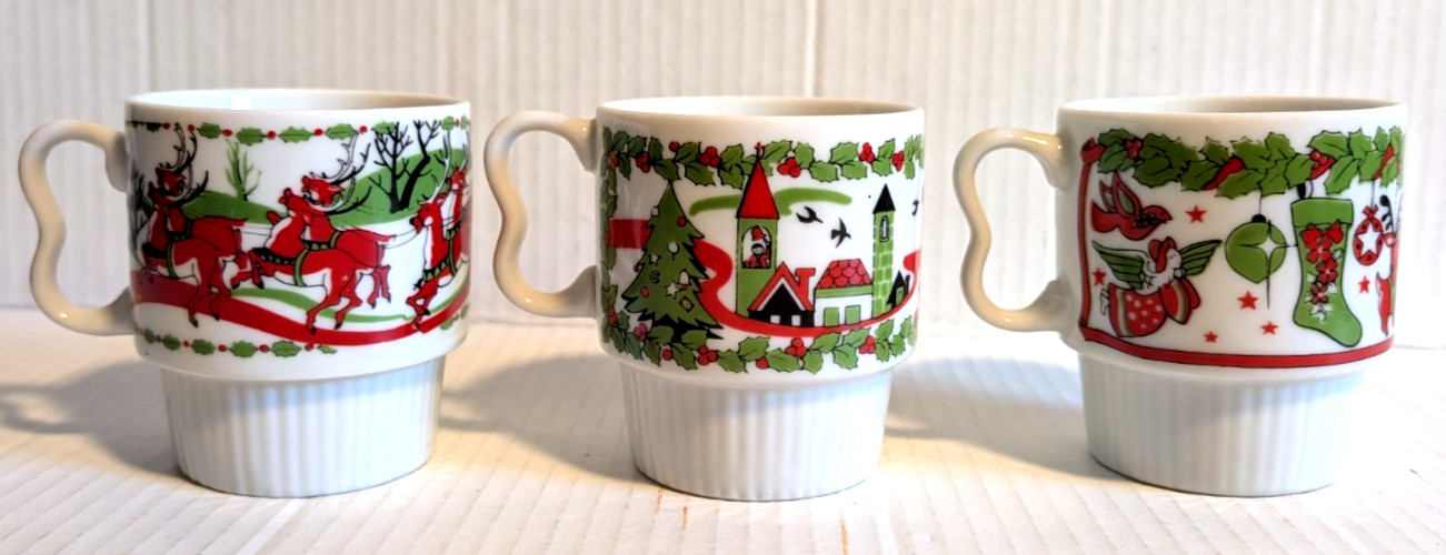3 Vintage MCM Stacking Ceramic Christmas Mugs Trees Santa Reindeer - Japan 3 Vintage MCM Stacking Ceramic Christmas Mugs Trees Santa Reindeer - Japan