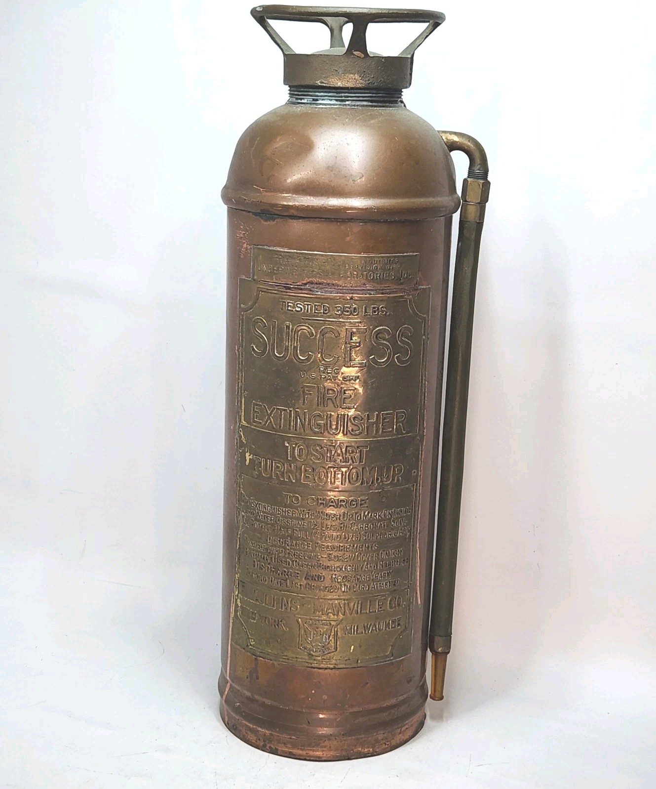 HW Johns Manville Co Fire Extinguisher Antique Underwriters Labs Empty 1915 VTG