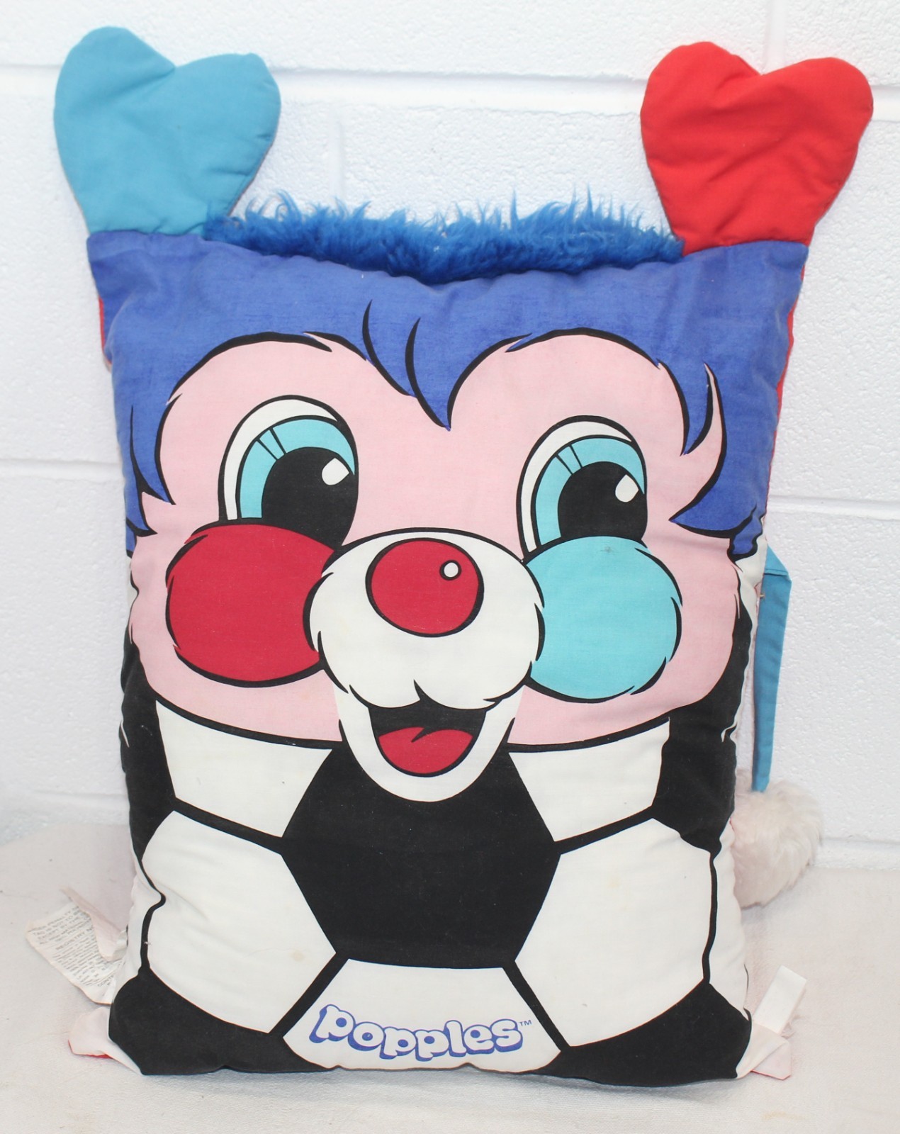 RARE Vintage 1980s Popples Rectangle Pillow Heart Ears Fur Hair Pom Pom Soccer