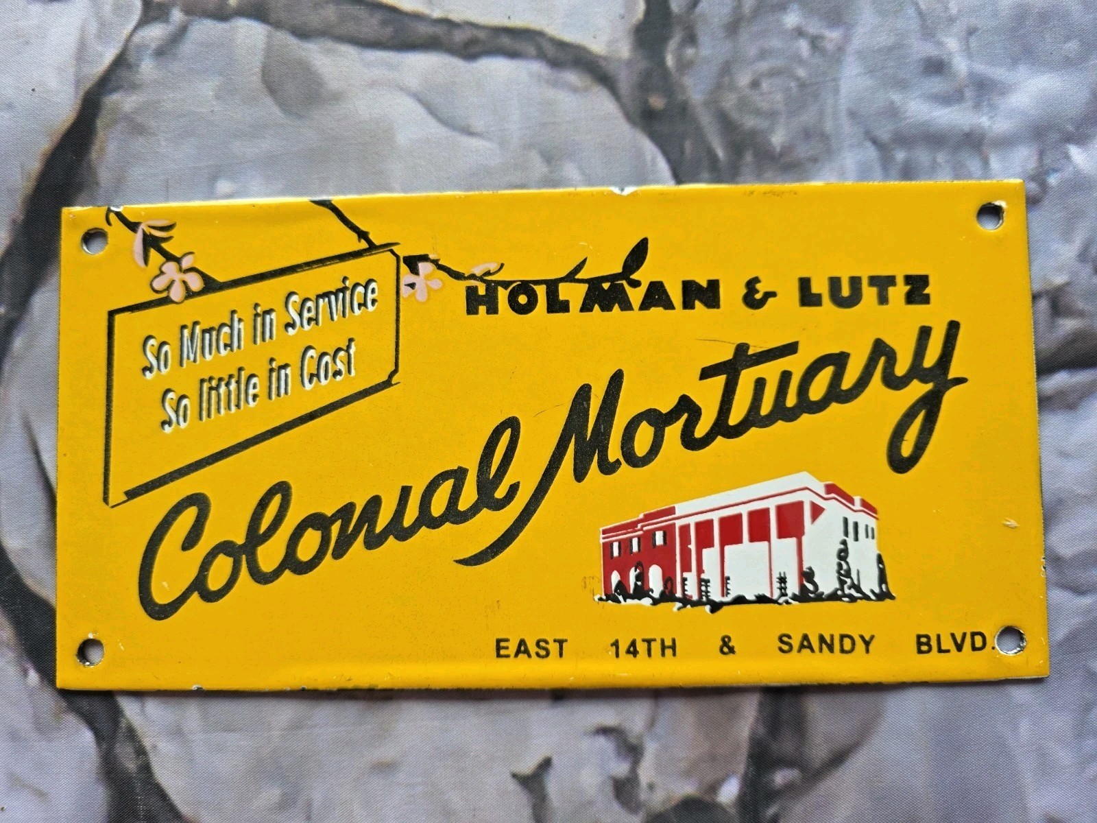 VINTAGE HOLMAN AND LUTZ COLONIAL MORTUARY PORCELAIN SIGN 10\ VINTAGE HOLMAN AND LUTZ COLONIAL MORTUARY PORCELAIN SIGN 10\