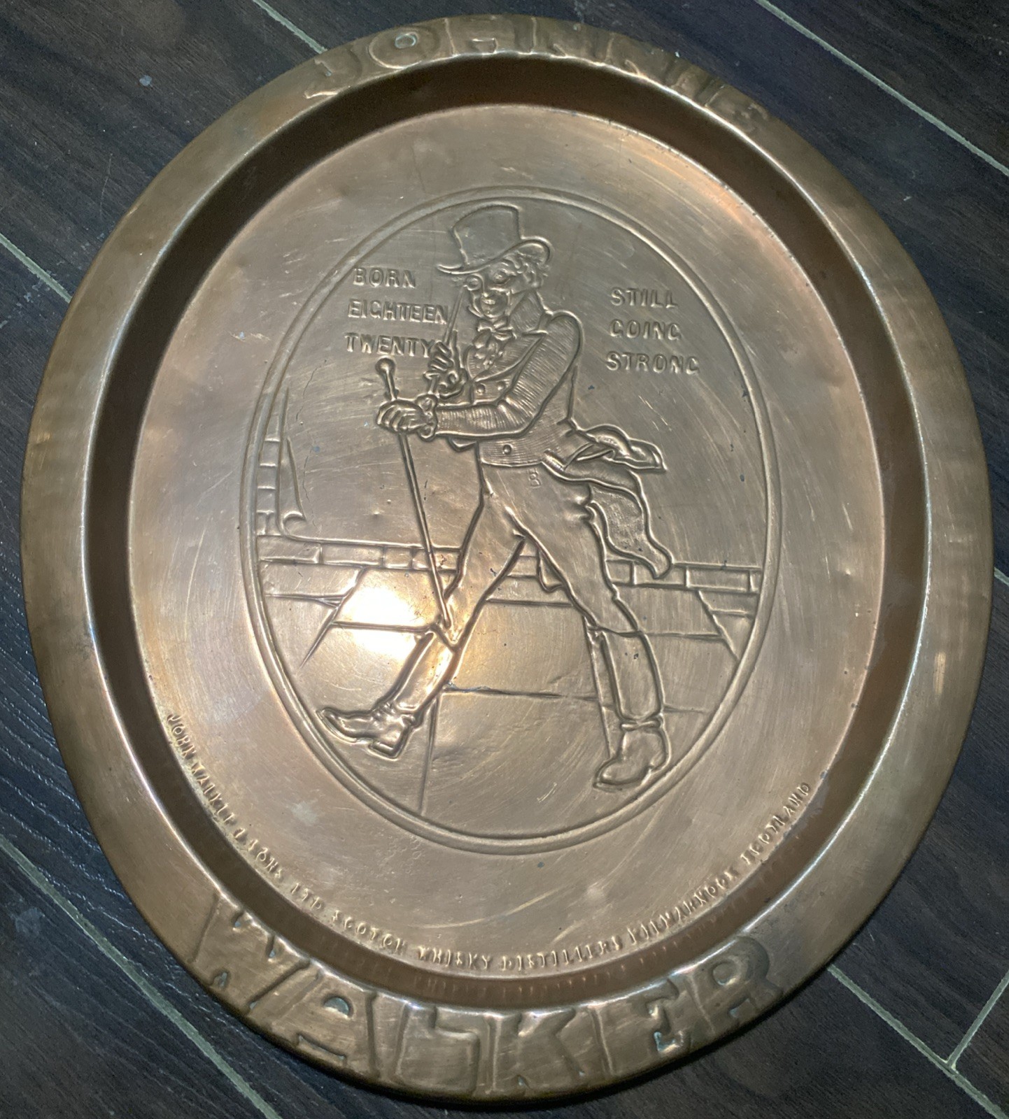 “JOHNNIE WALKER SCOTCH” VTG COPPER SERVING TRAY EMBOSSED ADVERT 13.5” X 11 5/8” “JOHNNIE WALKER SCOTCH” VTG COPPER SERVING TRAY EMBOSSED ADVERT 13.5” X 11 5/8”