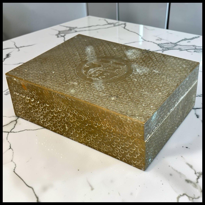 Vintage 1950s Chinese Brass Wood Lined Trinket Box Shou Longevity Error Mark Vintage 1950s Chinese Brass Wood Lined Trinket Box Shou Longevity Error Mark