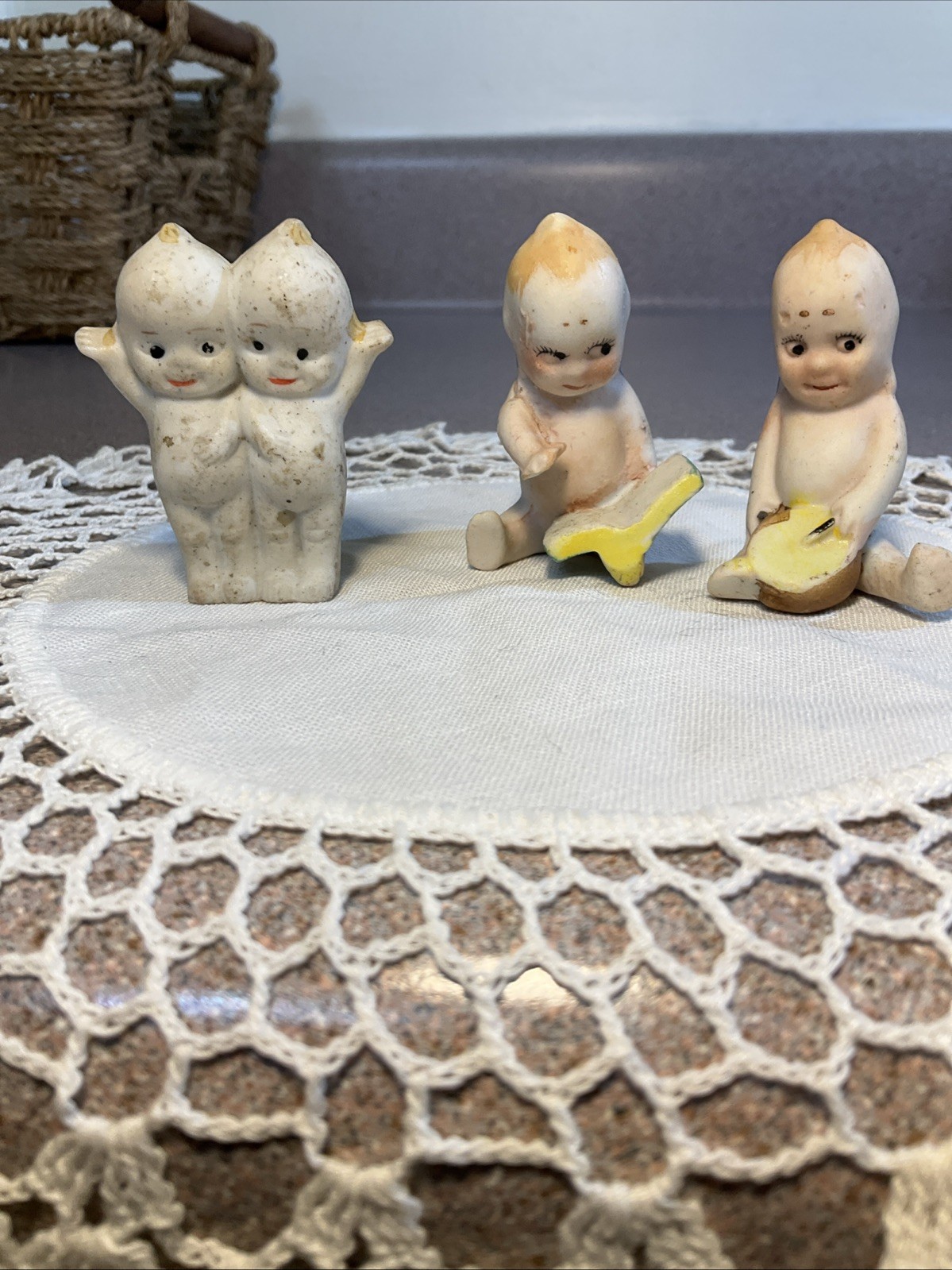 Vintage Bisque 2” Kewpie Japan Dolls Figurine Seated With Book & Drum.