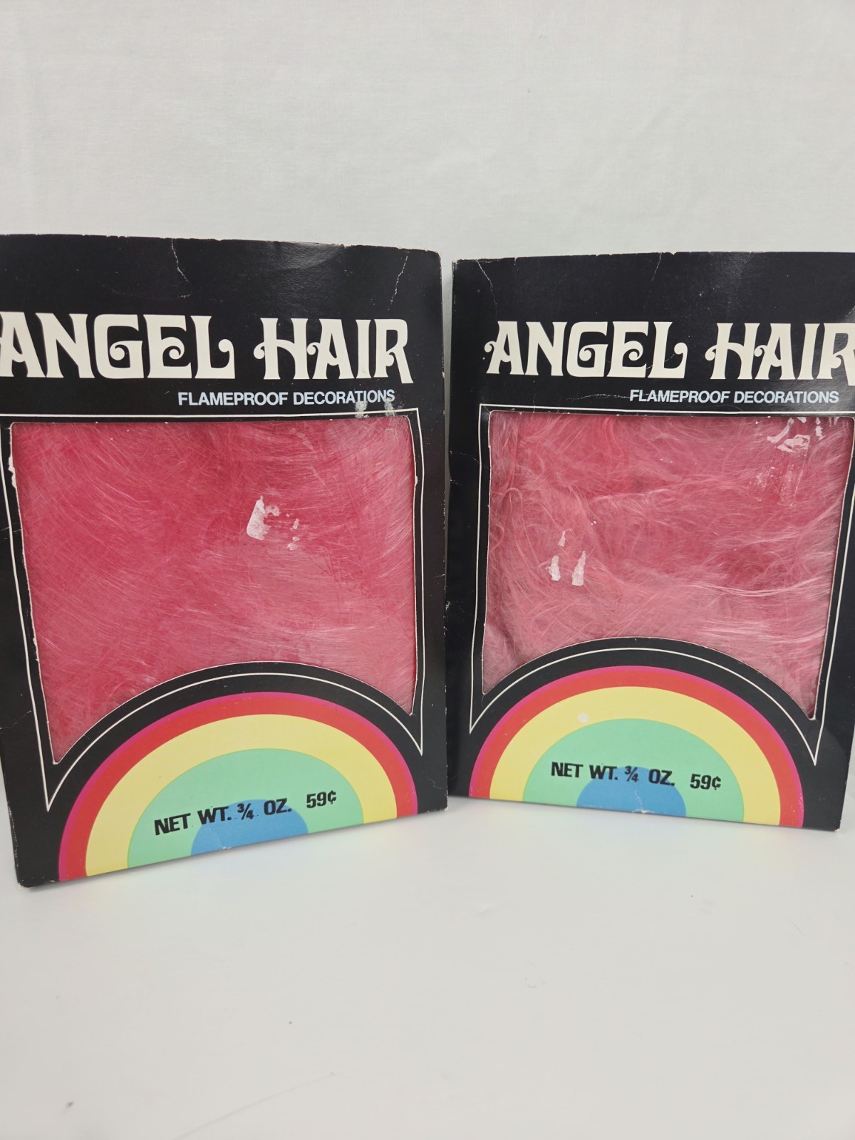 2-Vtg Pink Angel Hair Spun Glass Xmas Tree Trimming Decor MCM Original Box NOS