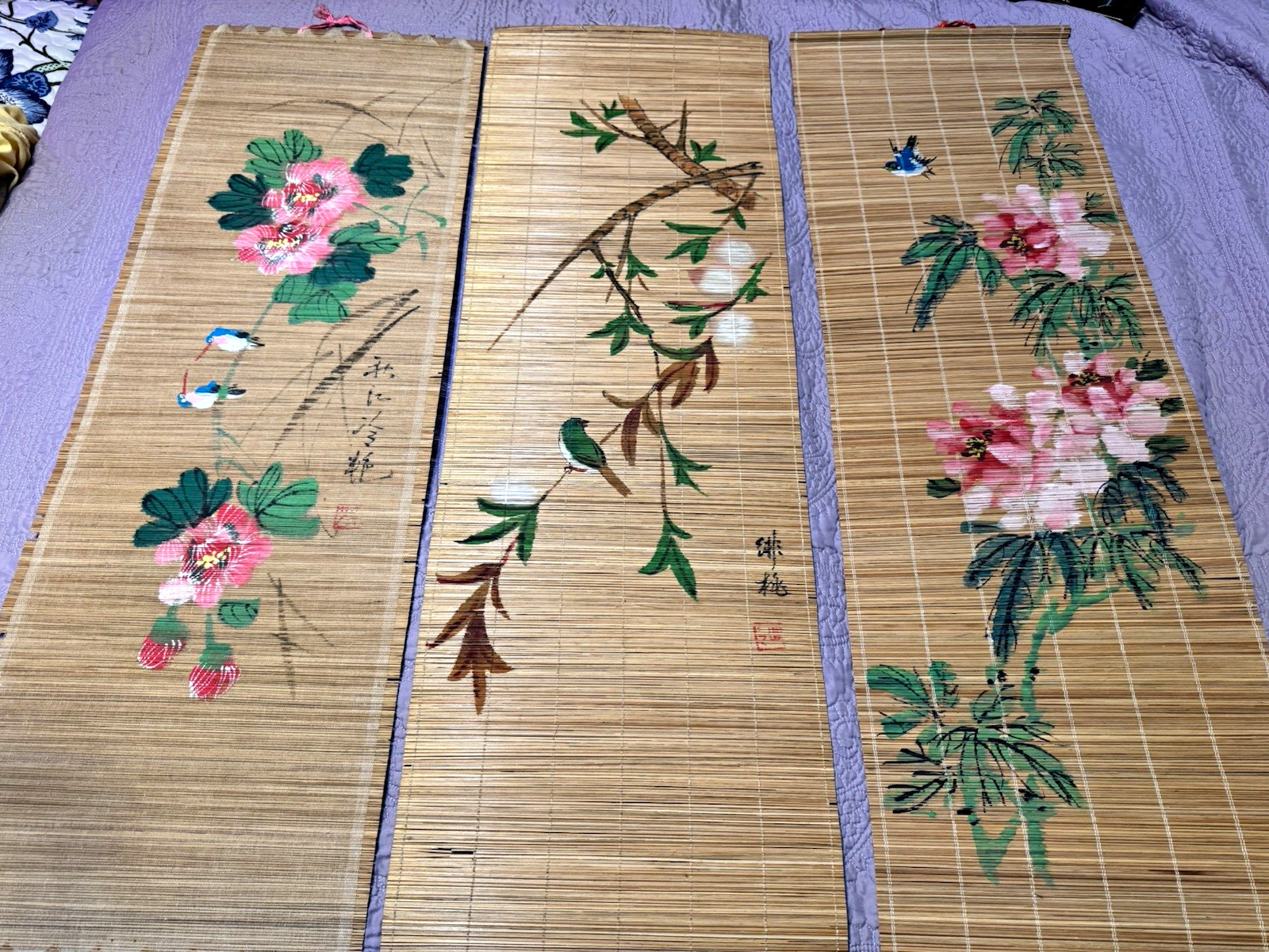 Vintage Mid-Century Asian Bamboo Matchstick Scroll Paintings - Set of 3 Triptych