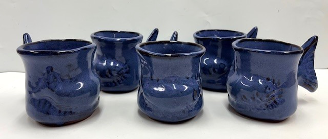 x5 Handmade Ceramic Art Pottery Mug Blue Fish Tail Fin Handle Signed Thora x5 Handmade Ceramic Art Pottery Mug Blue Fish Tail Fin Handle Signed Thora