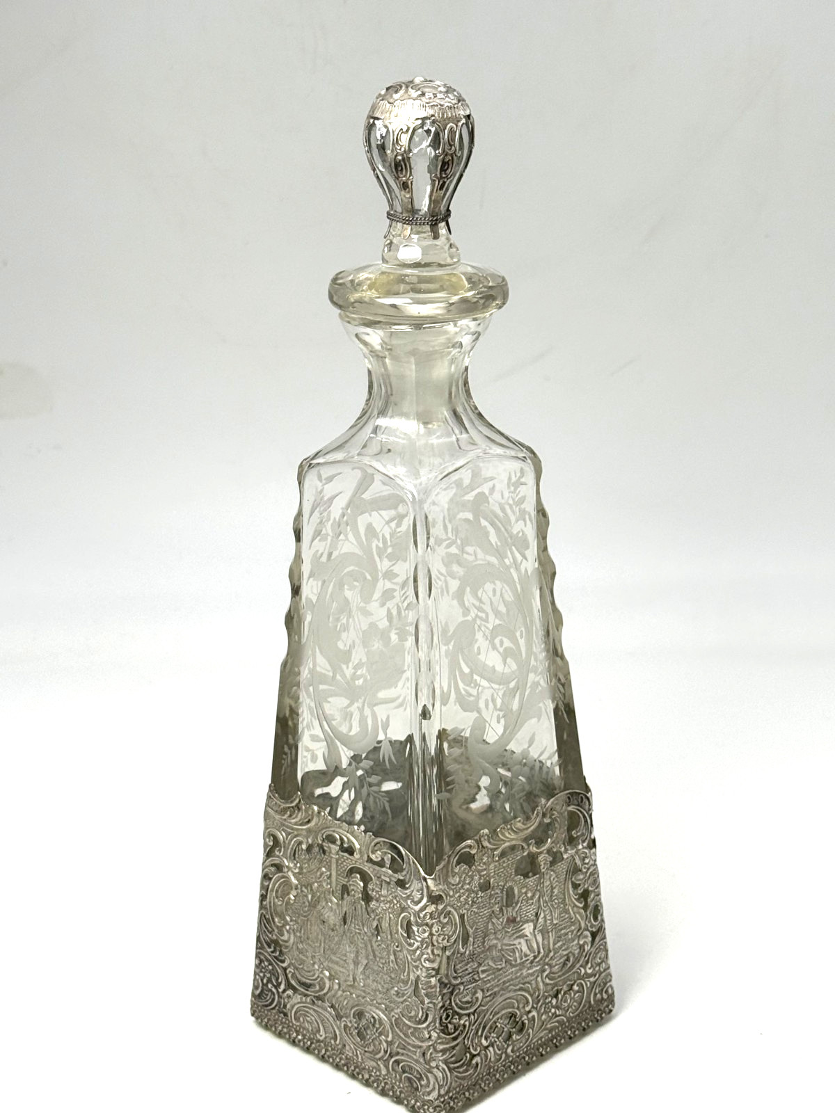 Antique 1890's  Hanau  800 Silver Overlay  High Relief Etched Decanter Bottle