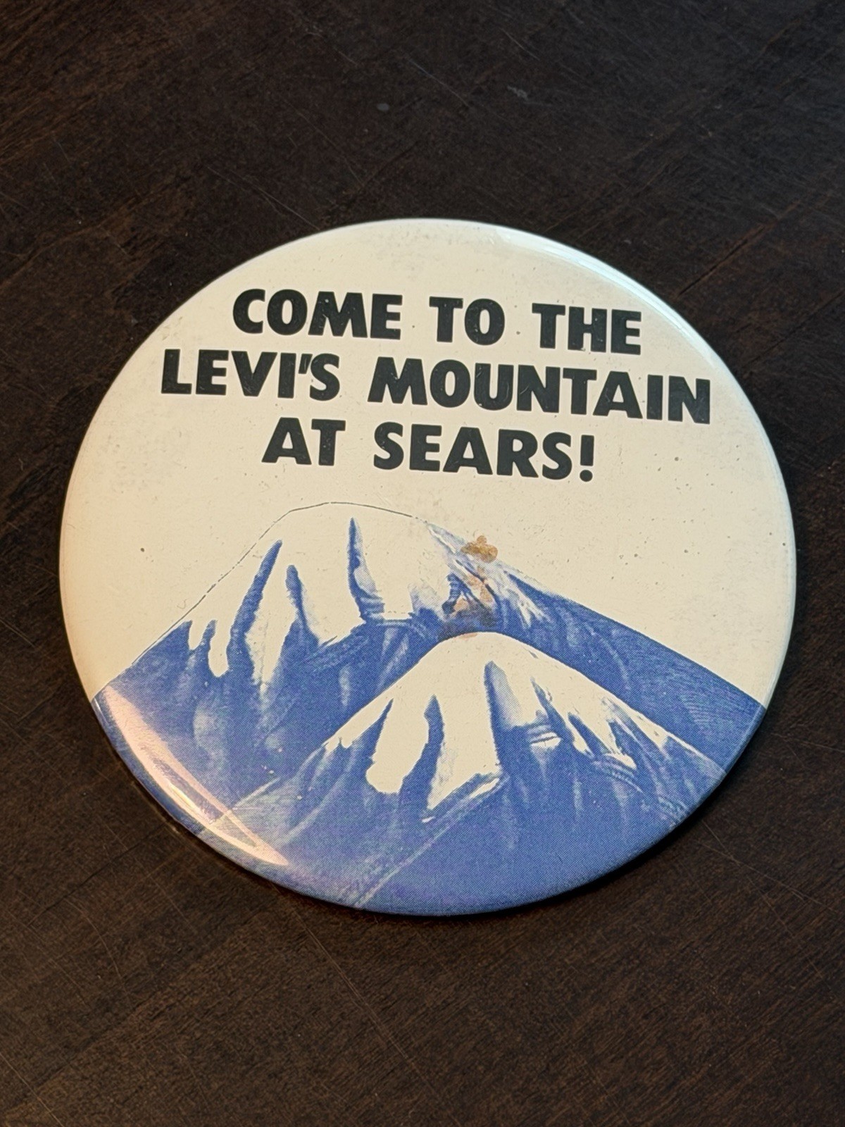 Vintage Levis Mountain Sears Pinback Button Large 4 Inch 1970s Denim Promo Pin