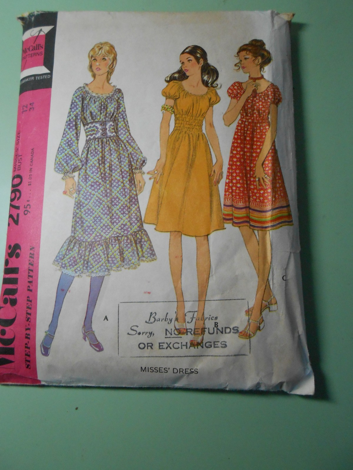 Vintage McCall's 2790 Dress with Belt Pattern size 12 RETRO 1971