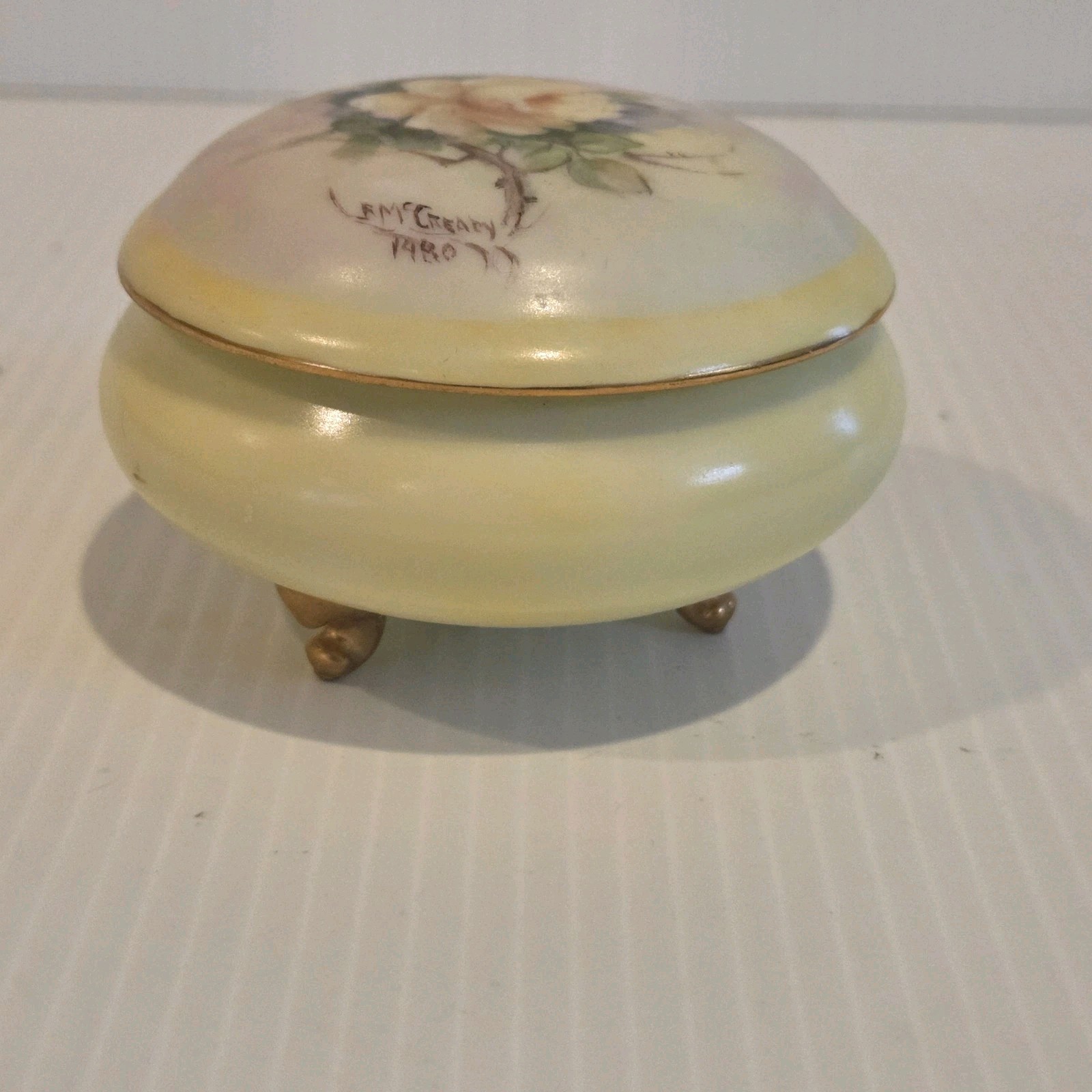 Vintage Giraud Limoges Porcelain Pale Green Footed Trinket Box Floral Gold Gilt