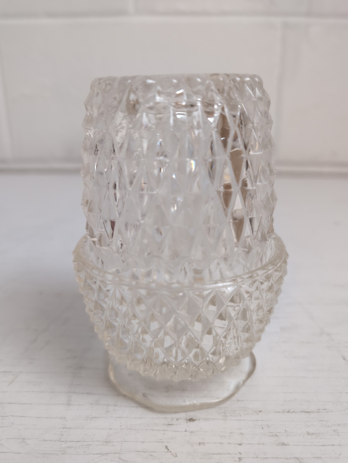 Vintage Indiana Glass Fairy Lamp Lite Clear Diamond Point Candle Holder 2pc Set