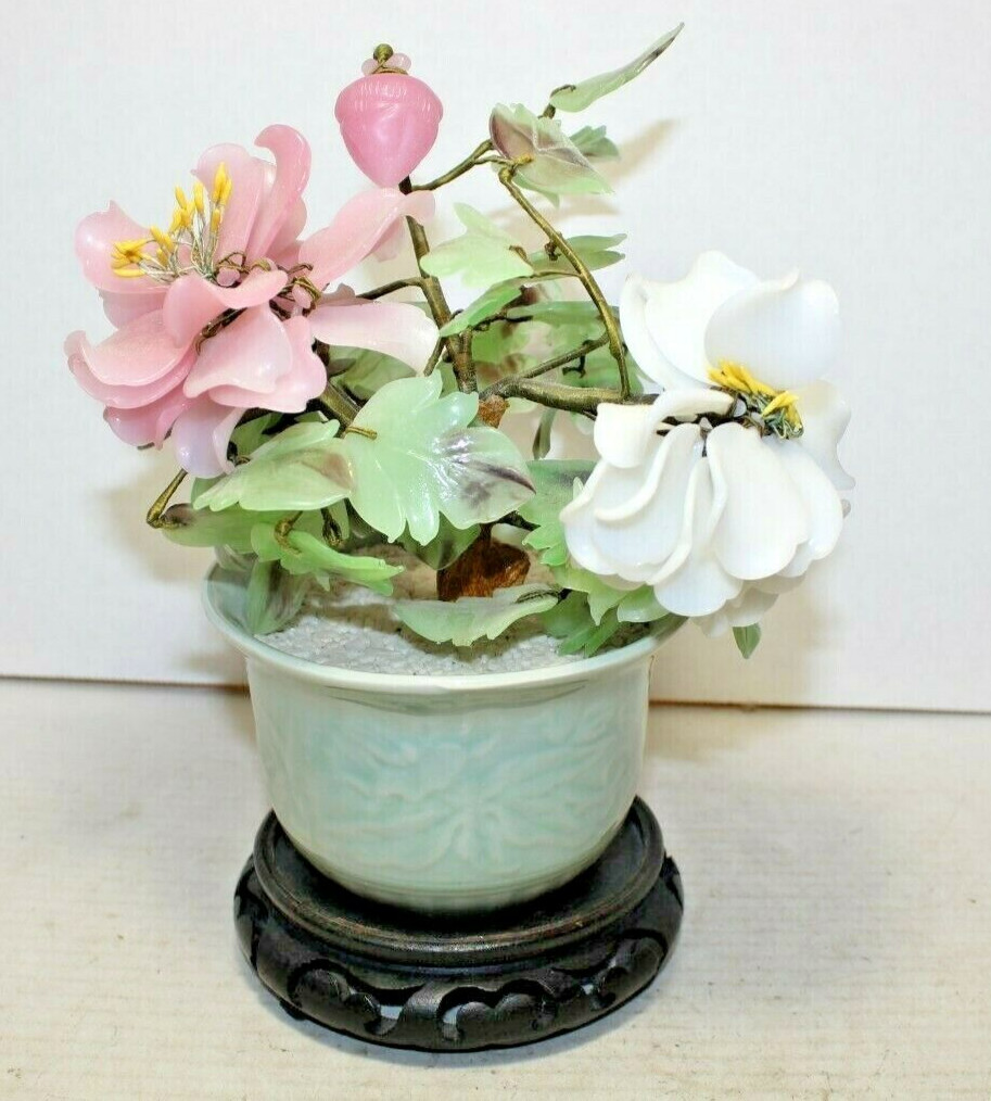 Vintage JADE TREE with Semiprecious Stone Flowers and Leaves #2 Vintage JADE TREE with Semiprecious Stone Flowers and Leaves #2