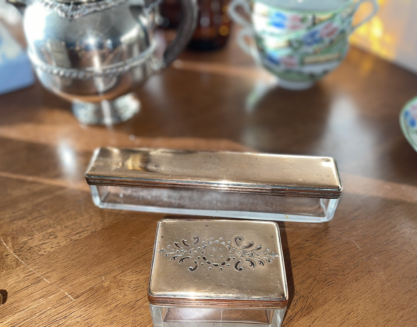 2 VTG Glass Vanity Trinket Boxes with Silverplated Lid