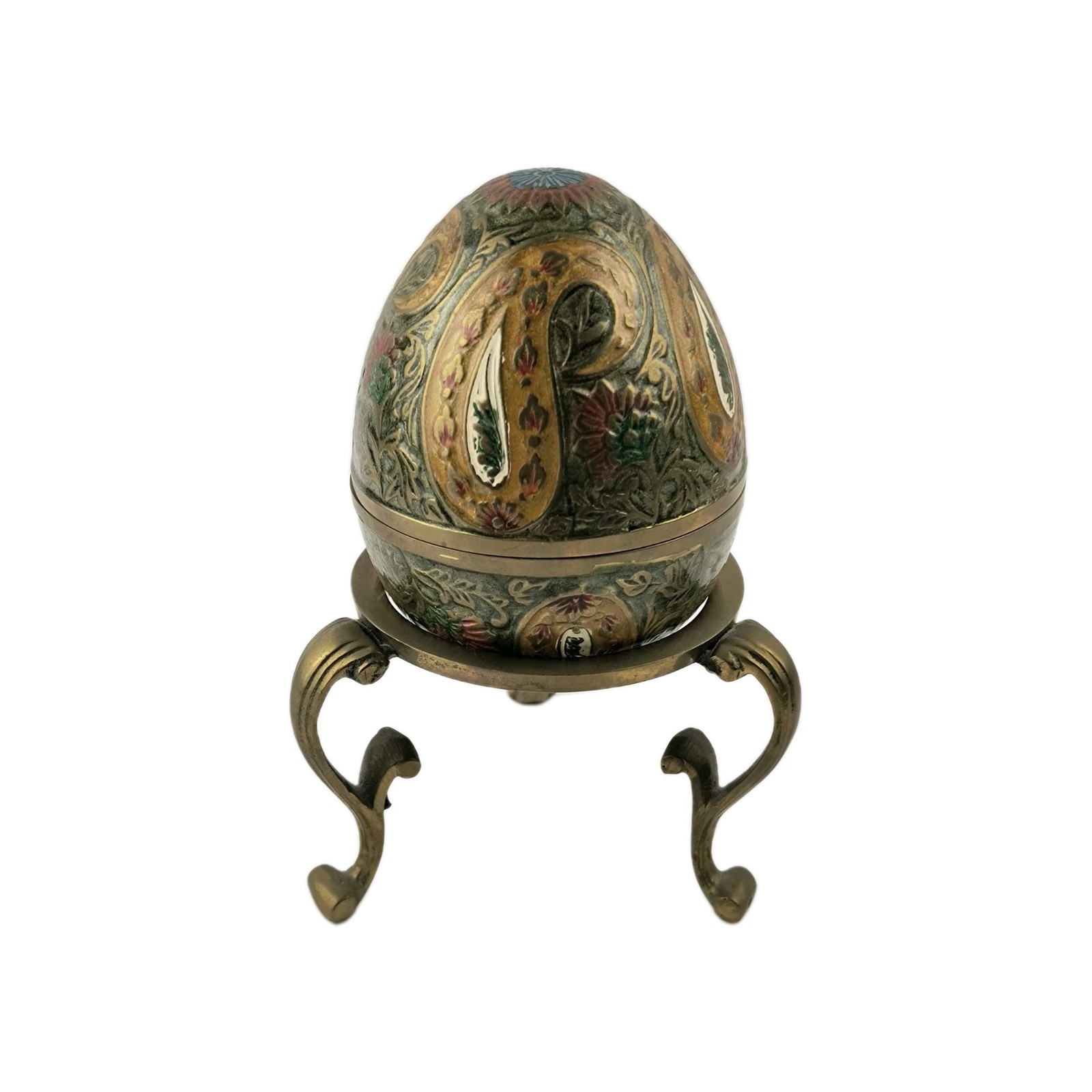 Enameled Cloisonne Brass Egg Trinket Box 3 Footed Brass Stand Made In India Enameled Cloisonne Brass Egg Trinket Box 3 Footed Brass Stand Made In India