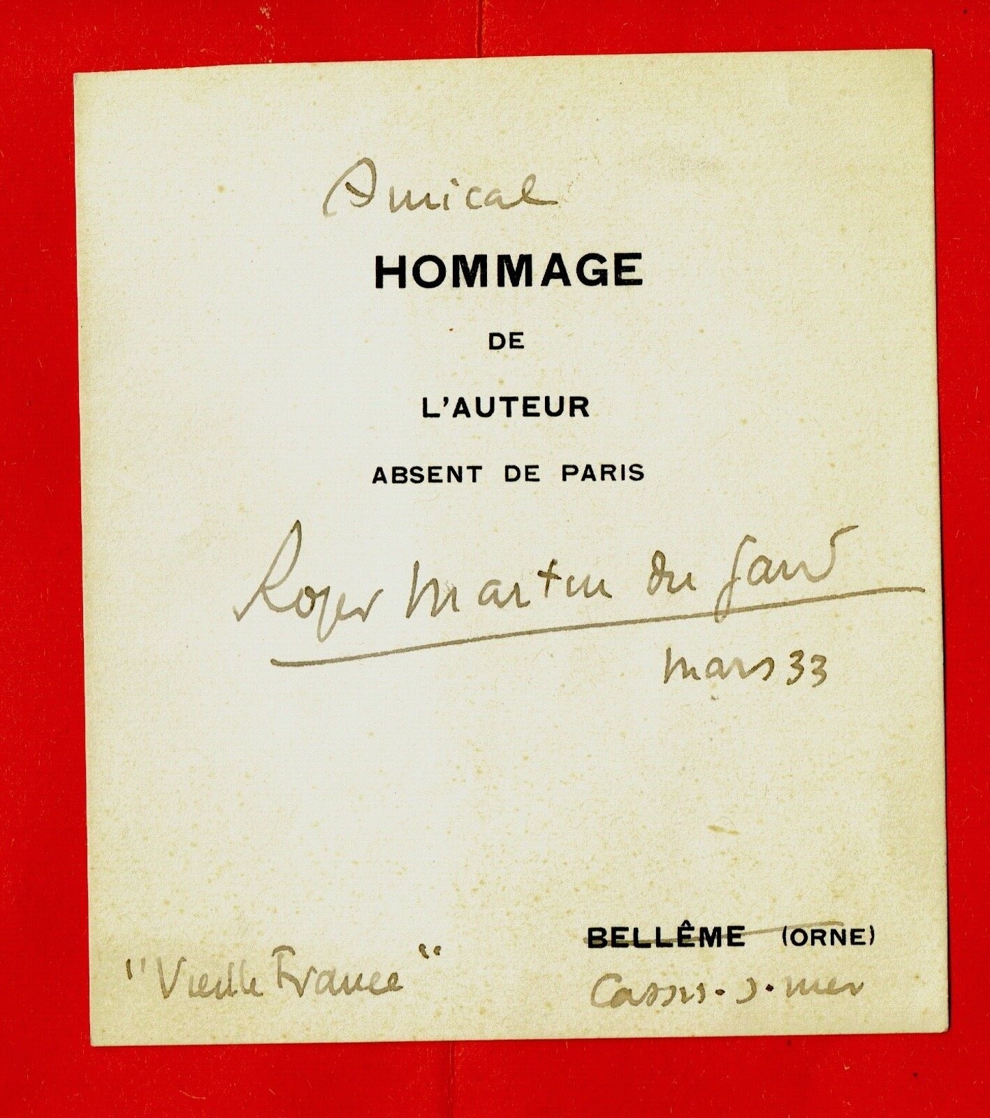 L*37-AUTOGRAPH-ROGER MARTIN DU GARD-WRITER-PLAYWRIGHT-(1881-1958) L*37-AUTOGRAPH-ROGER MARTIN DU GARD-WRITER-PLAYWRIGHT-(1881-1958)
