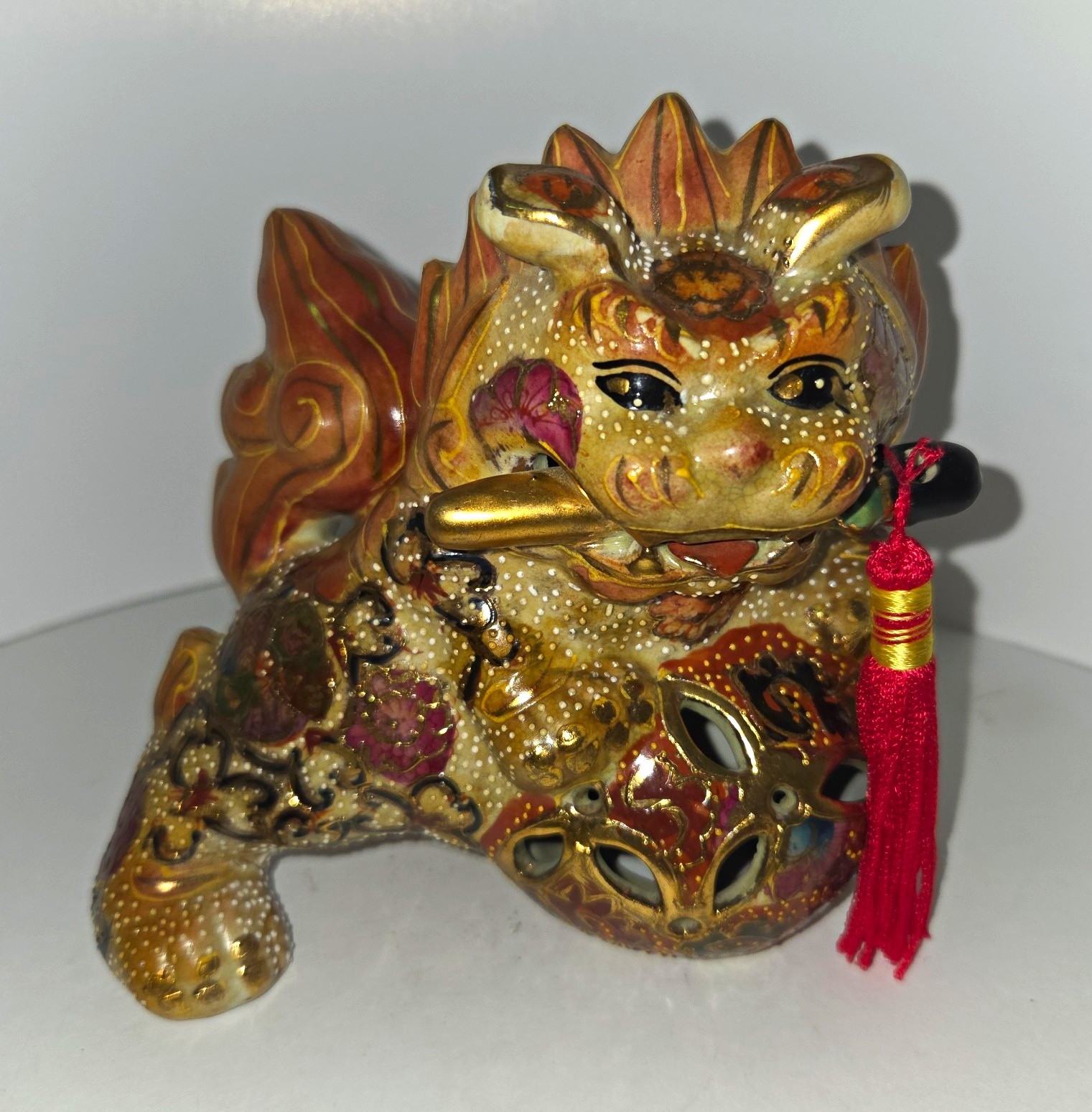 Vintage Japanese Satsuma Kutani Moriage Shishi Foo Dog Figural IncenseBurnerKoro