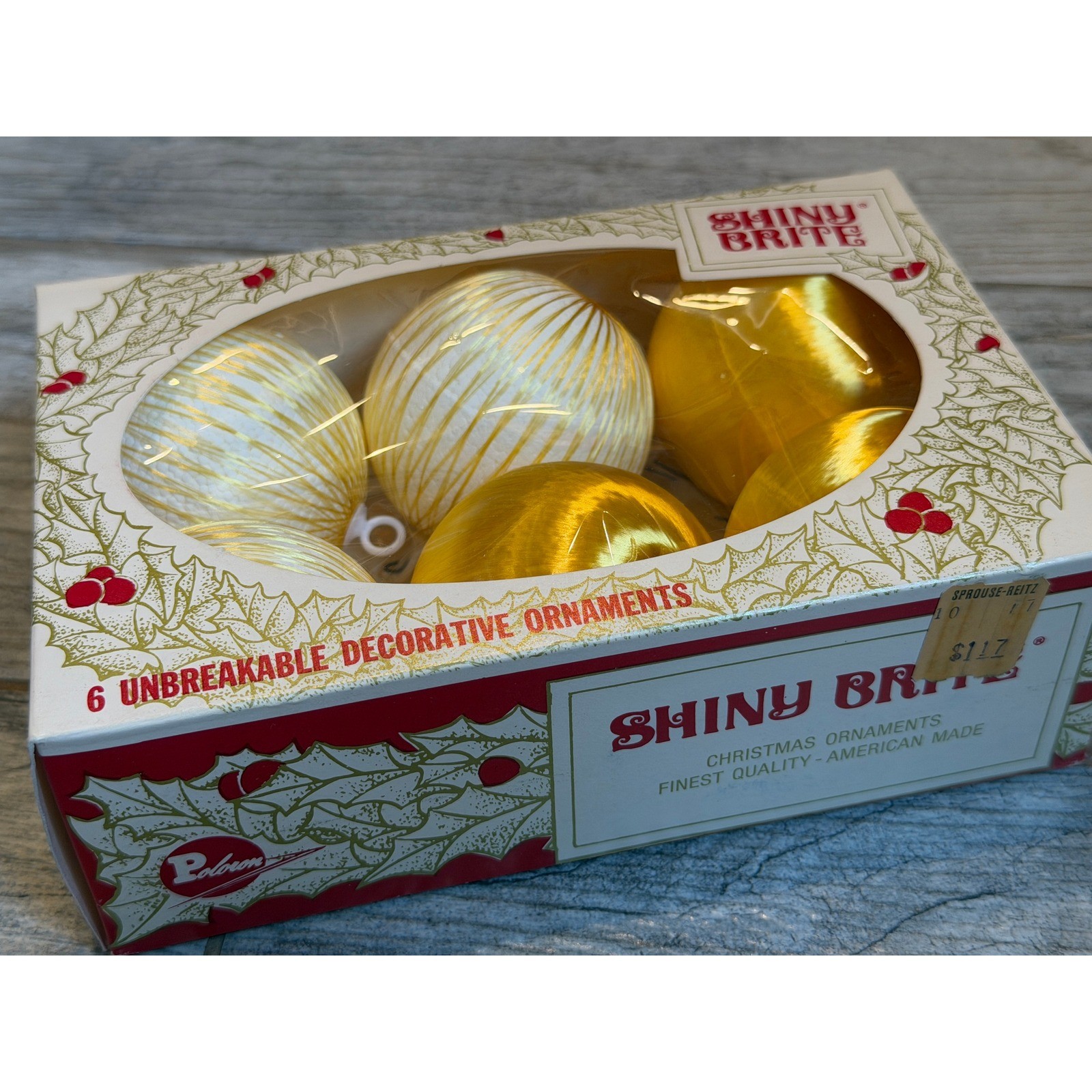 Shiny Brite Christmas Ornaments 6 pc Gold Unbreakable Vintage MCM Retro Satin