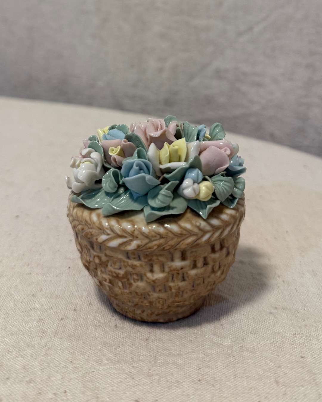 Vintage Nadal Spain Porcelain Floral Basket Figurine Pastel Roses Handmade