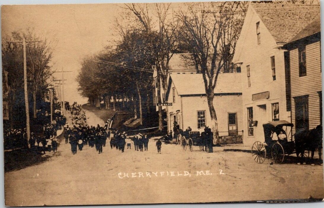 RPPC  1910 Cherryfield Maine street parade CM Ward sign RARE horse/wagon A796